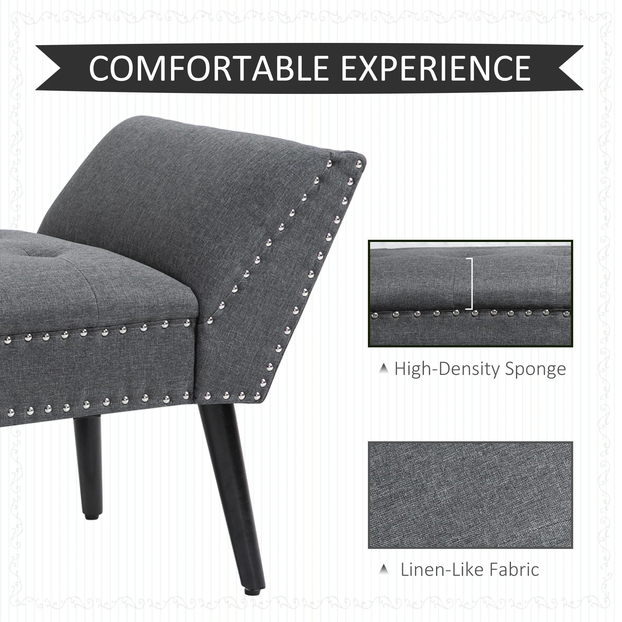 Tufted End of Bed Bench with Arms and Nailhead Trim, Linen Fabric Bedroom Bench, Dark Grey - Image 7
