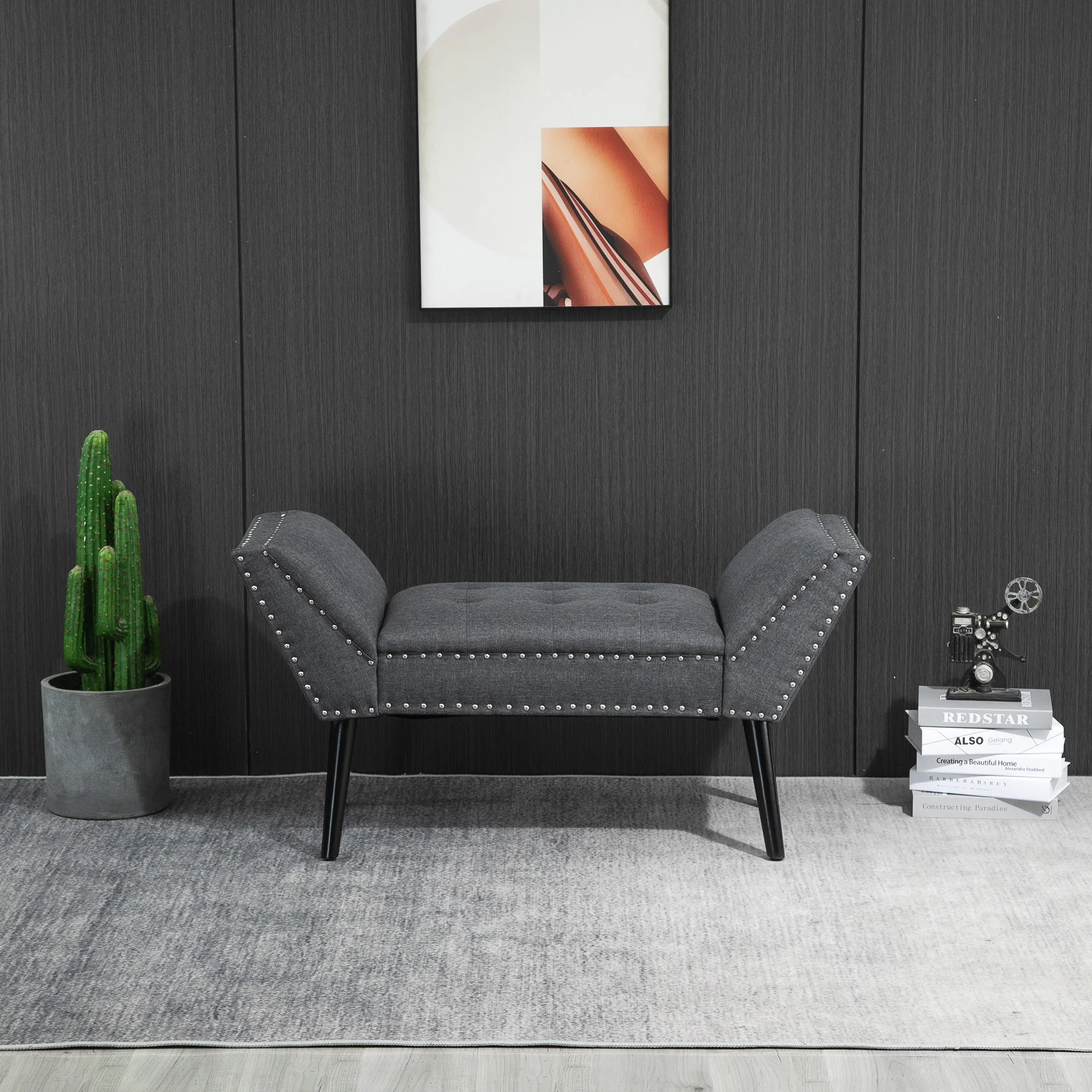 Tufted End of Bed Bench with Arms and Nailhead Trim, Linen Fabric Bedroom Bench, Dark Grey - Image 9