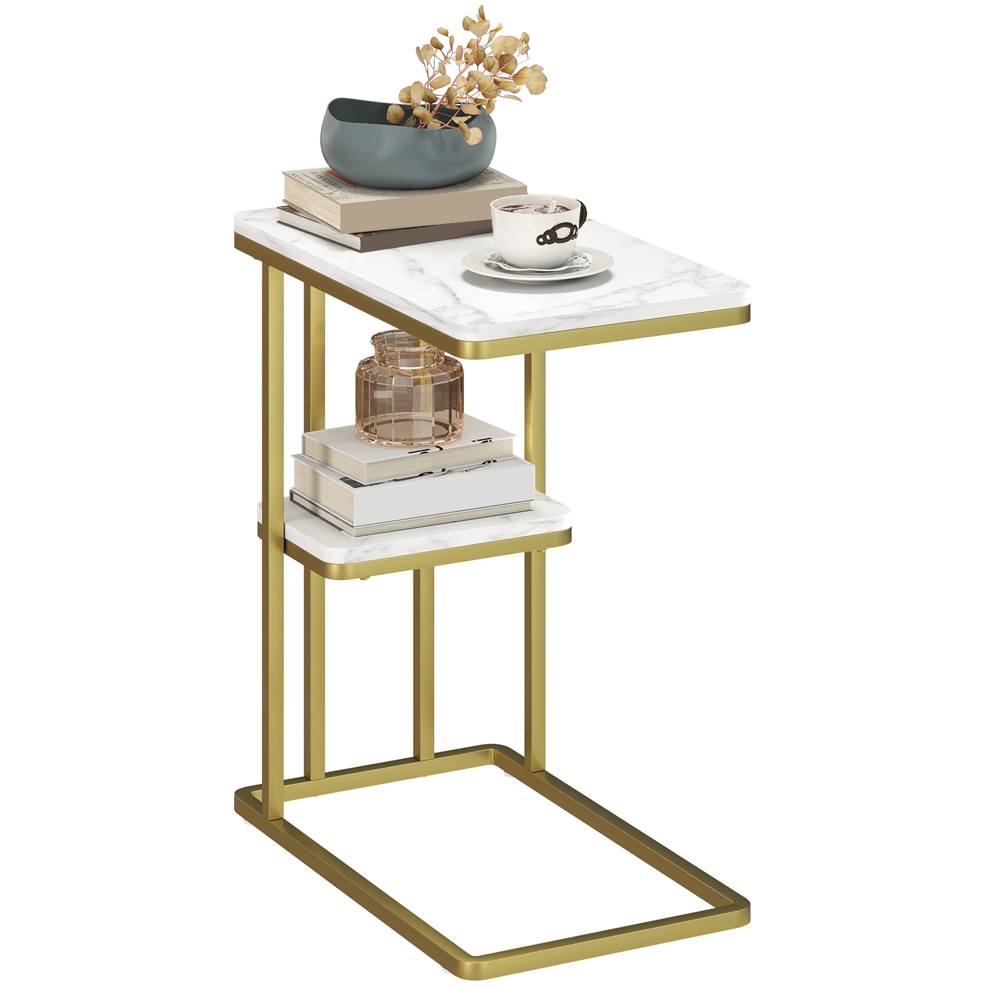 C-Shaped Narrow Side Table, 2-Tier Slim End Table with Storage Shelf, Modern Nightstand for Small Spaces, Living Room, Bedroom, 50 x 30 x 57.5 cm, White Marble Grain - Image 2