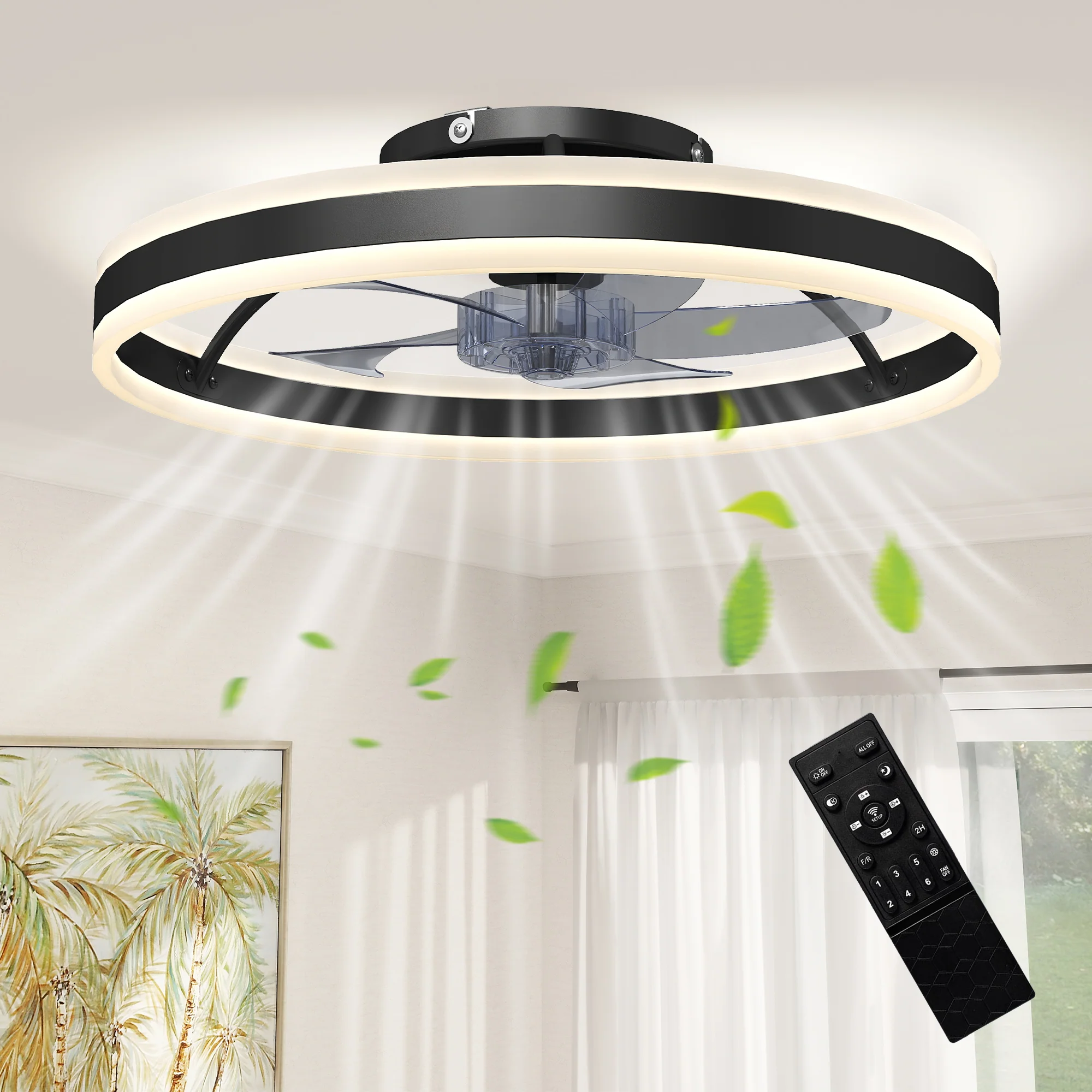 Ceiling Fans with Lights and Remote & App Control, 50 cm Modern LED Ceiling Fan Light with 3 Colour Temperatures, 6 Speed, Dimmable, Timer Quiet Reversible DC Motor, for Bedroom, Study, Black