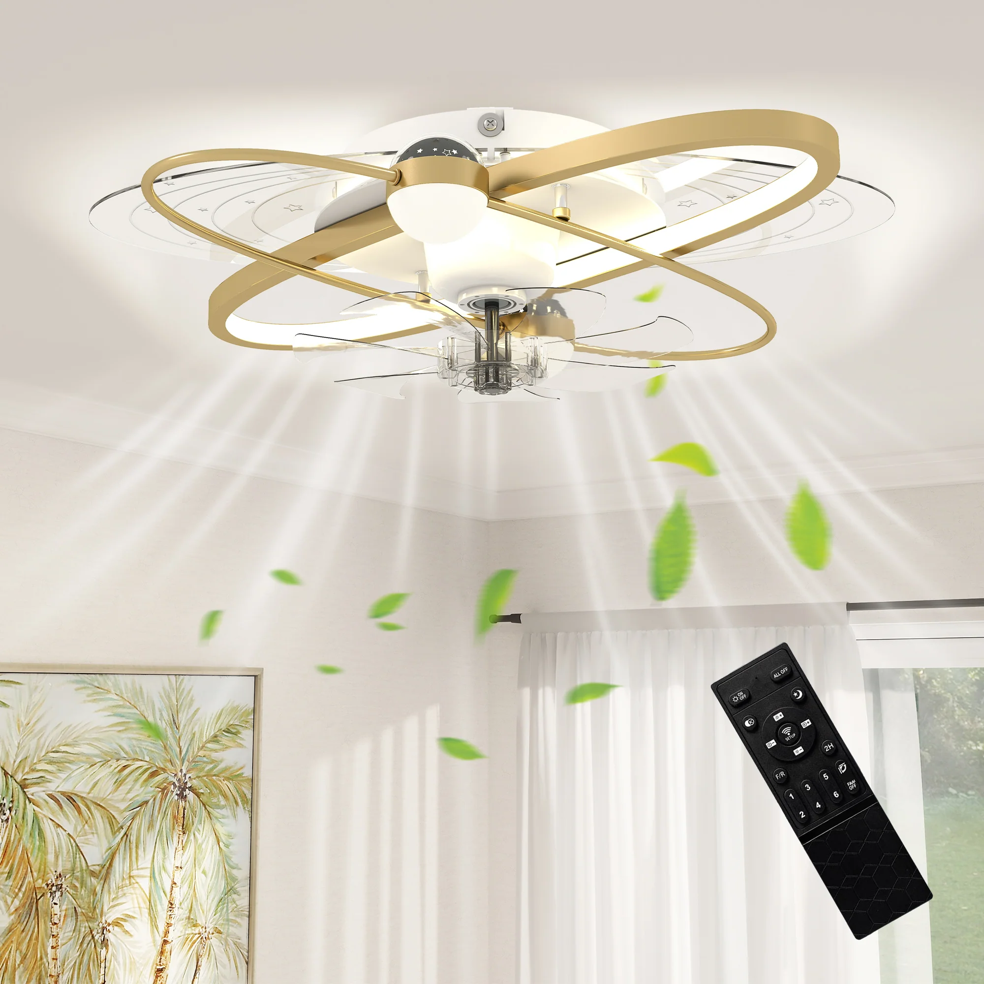 Ceiling Fans with Lights and Remote & App Control, 62 cm Modern LED Ceiling Fan Light with 3 Colour Temperatures, 6 Speed, Timer, Dimmable, Quiet Reversible DC Motor, for Bedroom, Gold Tone