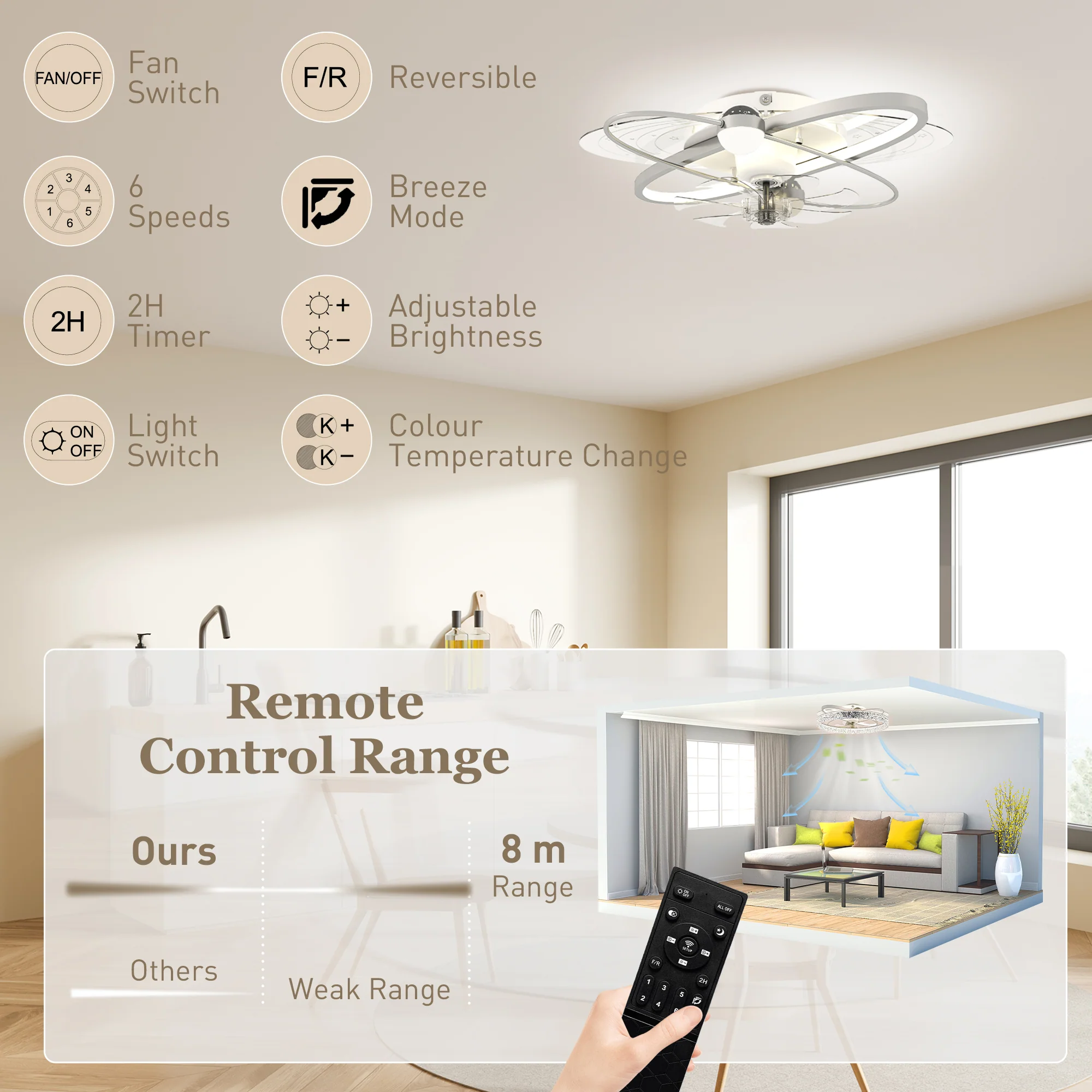 Ceiling Fans with Lights and Remote & App Control, 62 cm Modern LED Ceiling Fan Light with 3 Colour Temperatures, 6 Speed, Timer, Dimmable, Quiet Reversible DC Motor, for Bedroom, Silver Tone - Image 11
