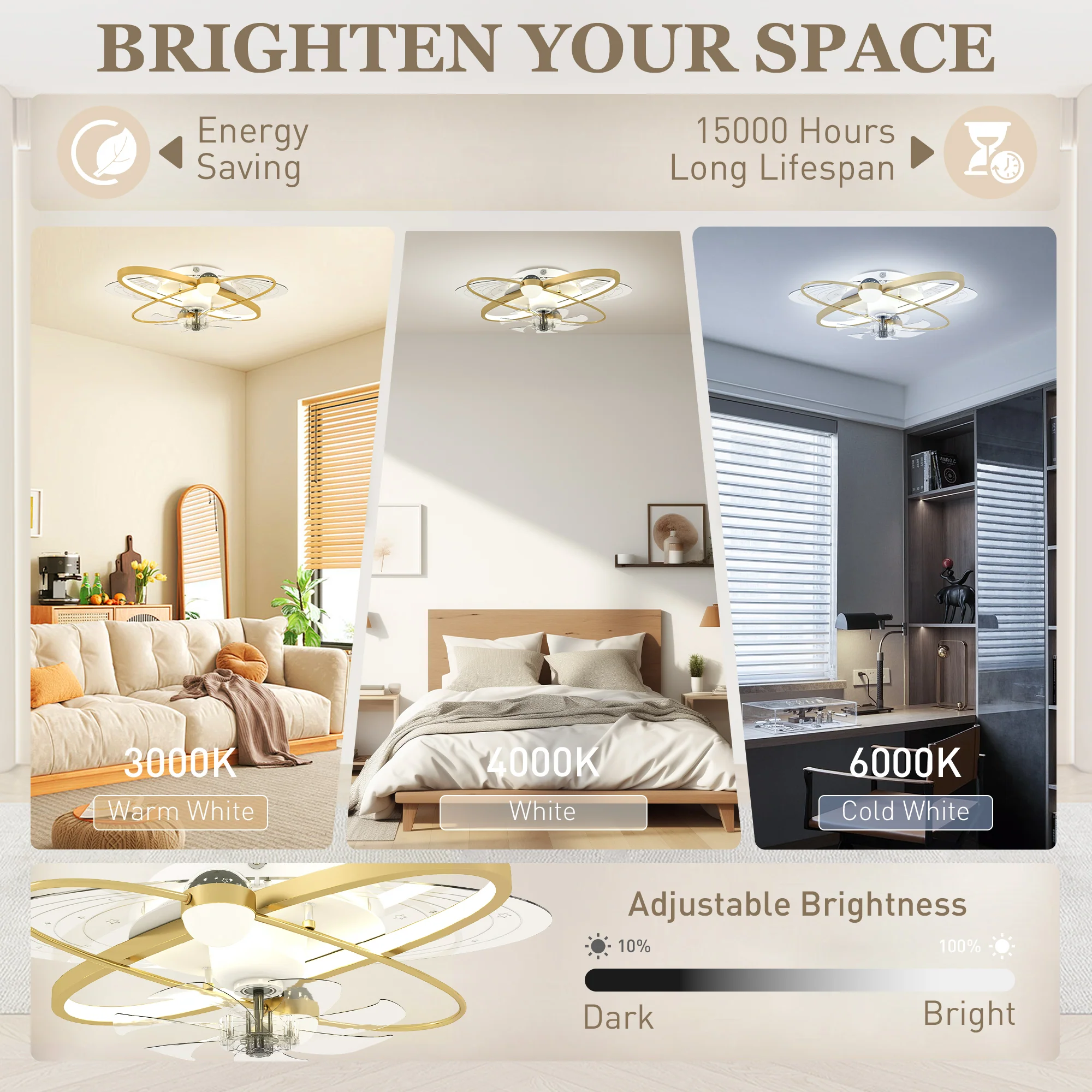 Ceiling Fans with Lights and Remote & App Control, 62 cm Modern LED Ceiling Fan Light with 3 Colour Temperatures, 6 Speed, Timer, Dimmable, Quiet Reversible DC Motor, for Bedroom, Gold Tone - Image 7