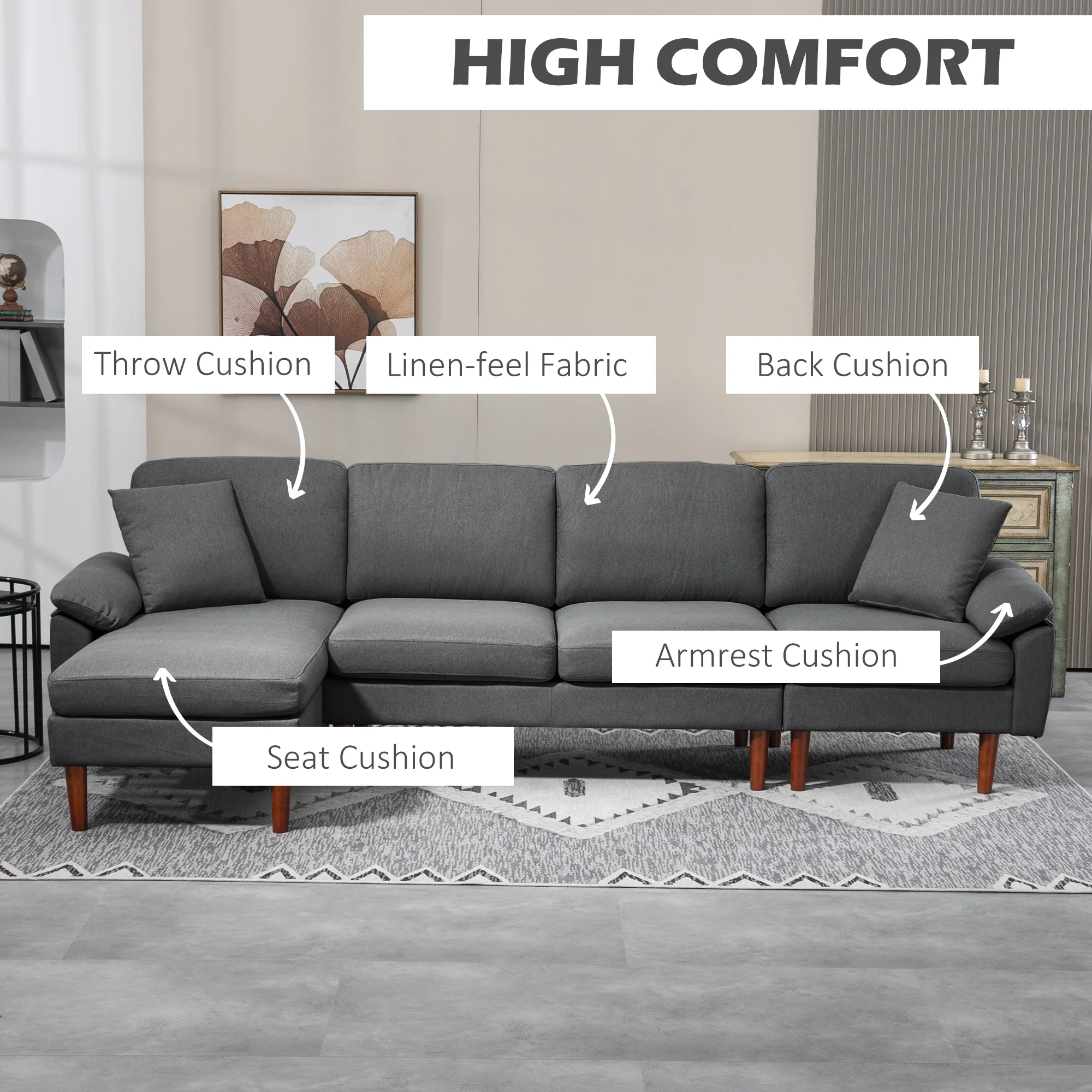 4-Seater L-Shape Sectional Sofa with Chaise Lounge & Pillows, Dark Grey - Image 6