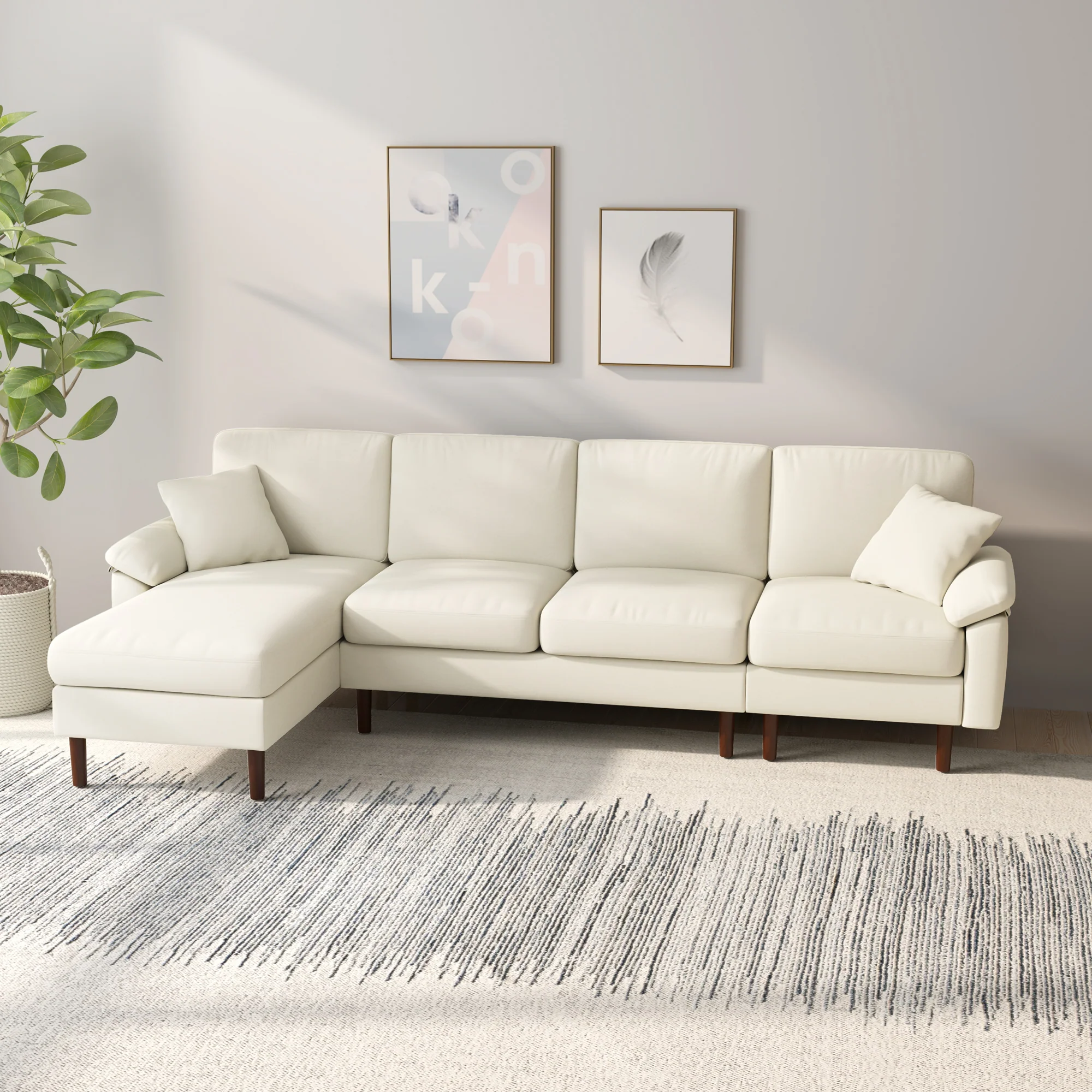 4-Seater L-Shape Sectional Sofa with Chaise Lounge & Pillows, Cream White - Image 4