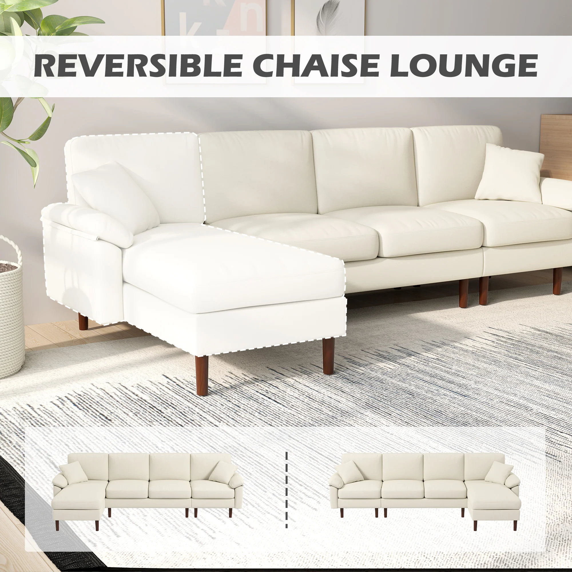 4-Seater L-Shape Sectional Sofa with Chaise Lounge & Pillows, Cream White - Image 7