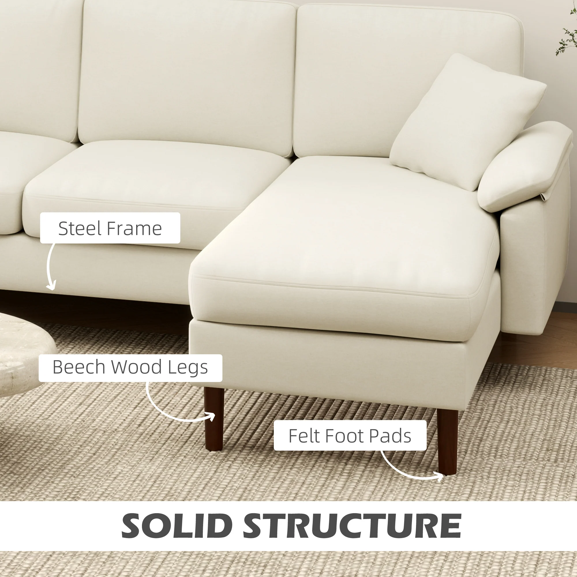 4-Seater L-Shape Sectional Sofa with Chaise Lounge & Pillows, Cream White - Image 9