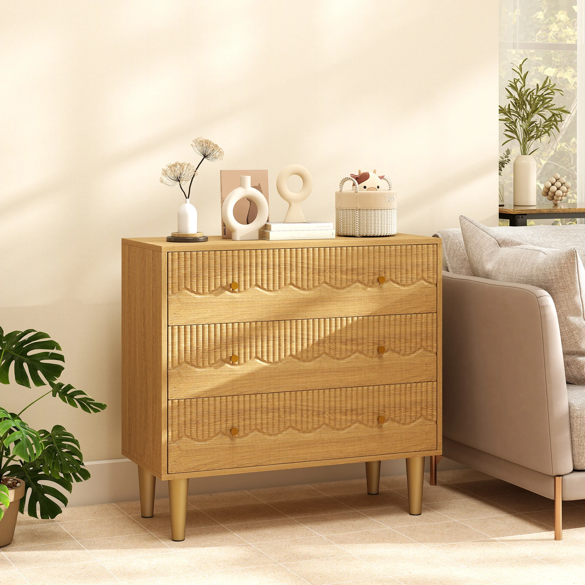 Chest of Drawers, 3 Drawer Dresser, Storage Cabinet with Steel Legs and Wooden Top for Bedroom, Living Room, Oak - Image 10