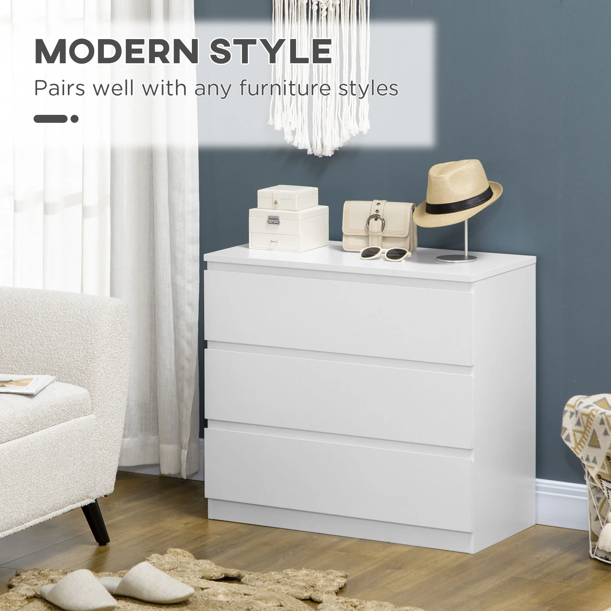 Chest of Drawers, 3-Drawer Storage Organiser Unit for Bedroom, Living Room, White - Image 6