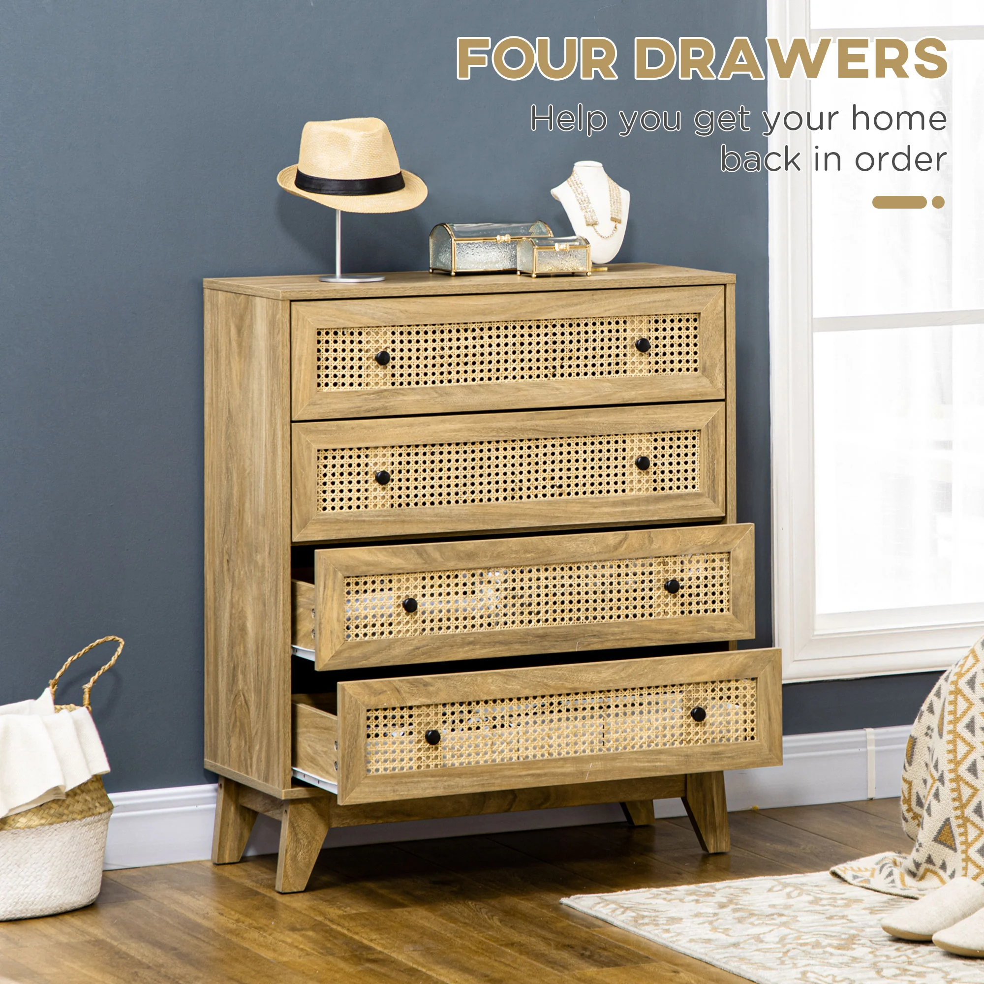 4-Drawer Storage Organiser Unit with Rattan Element for Bedroom, Living Room, Wood Effect - Image 7