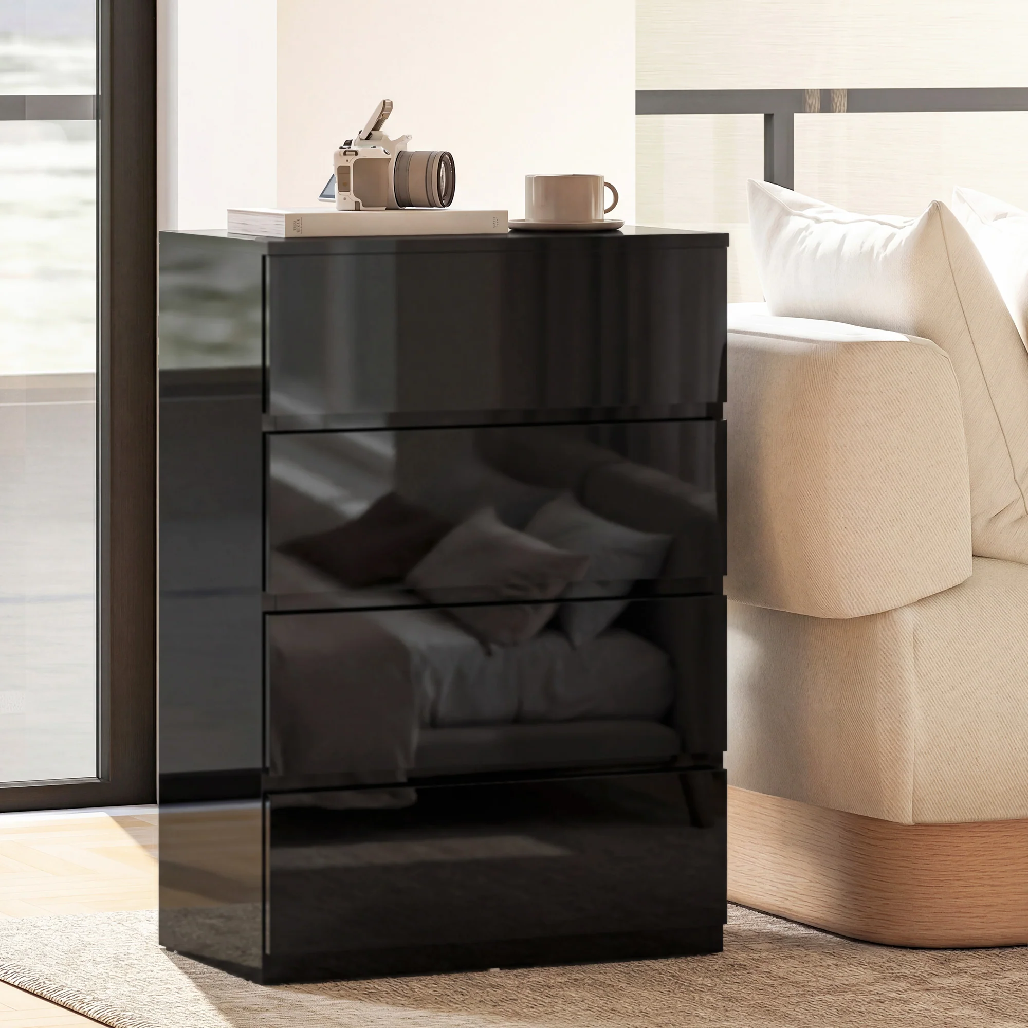 Chest of Drawers, 4 Drawers Storage Cabinet Floor Tower Cupboard for Bedroom Living Room, High Gloss Black - Image 11