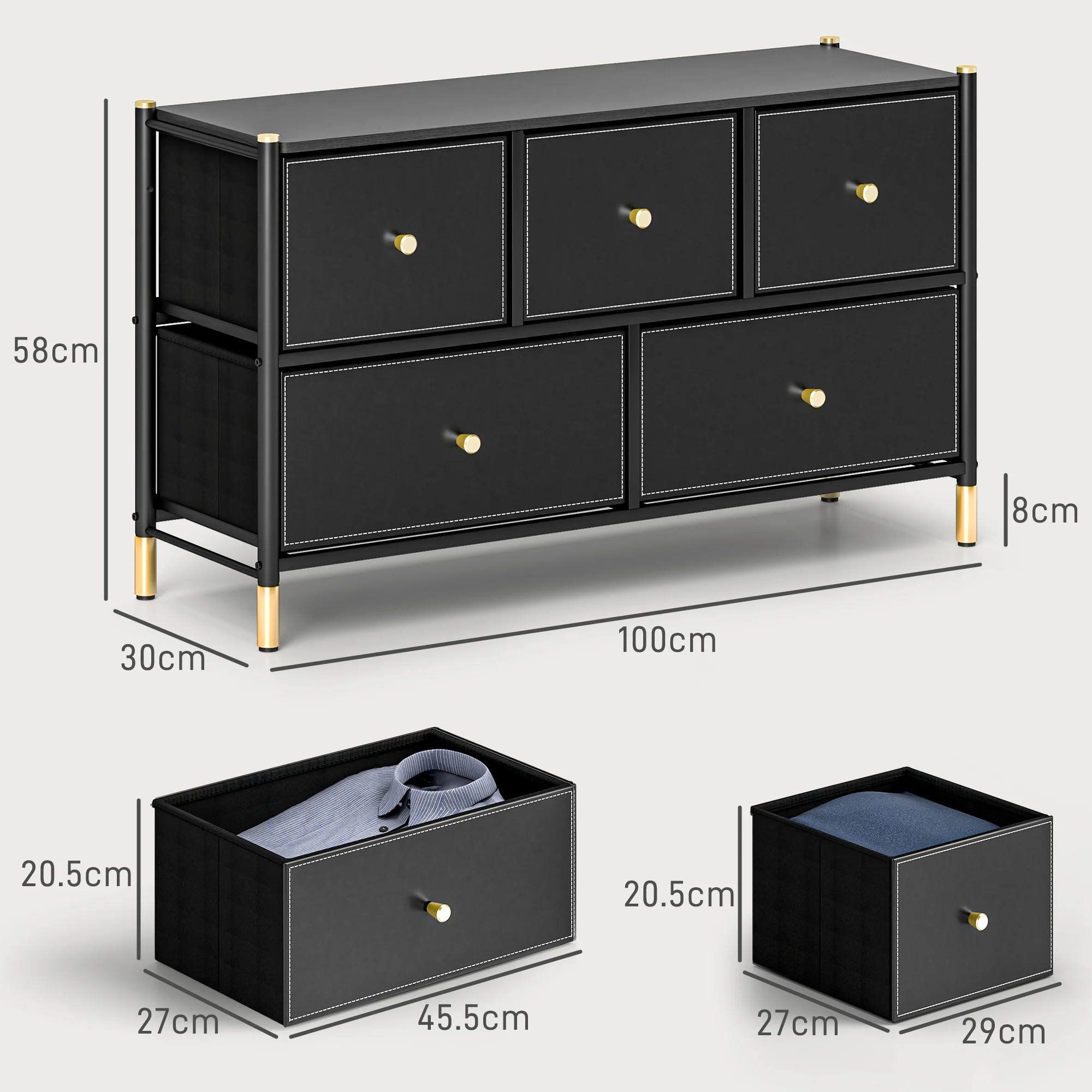 5 Drawer Fabric Dresser with PU Leather Surface, Storage Organizer for Bedroom, Hallway, Black - Image 5