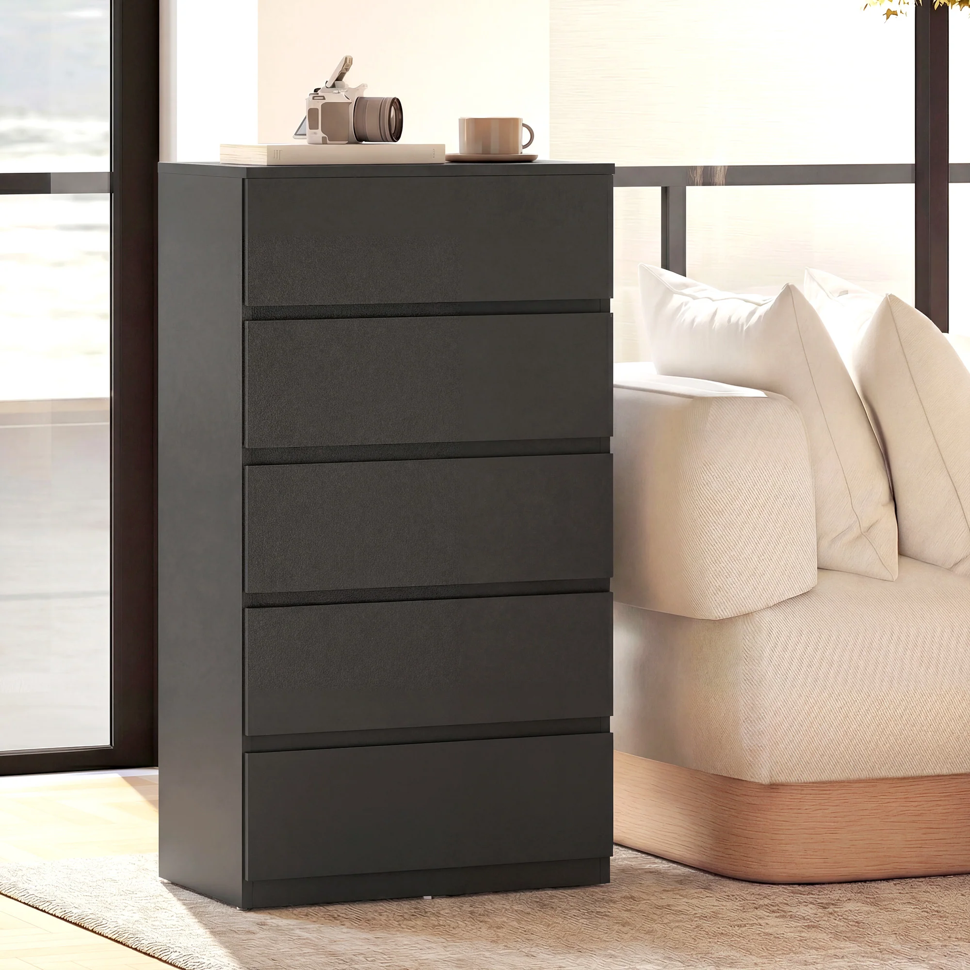Chest of Drawers, 5 Drawers Storage Cabinet Floor Tower Cupboard for Bedroom Living Room, Black - Image 10