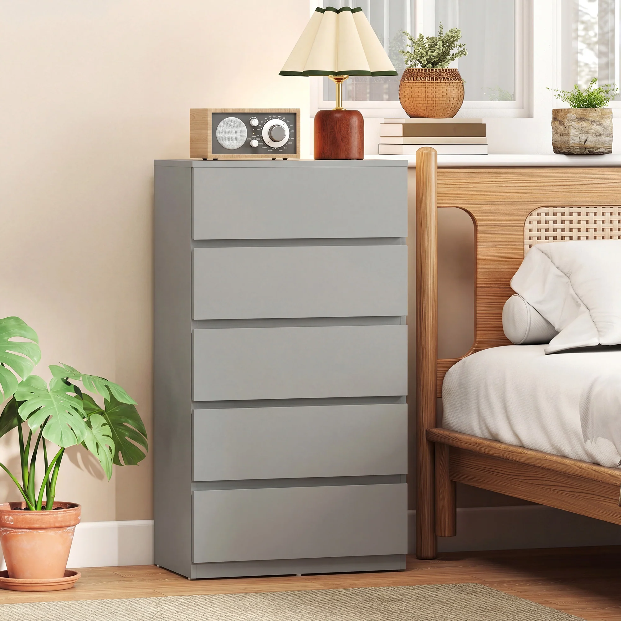 Chest of Drawers, 5 Drawers Storage Cabinet Floor Tower Cupboard for Bedroom Living Room, Grey - Image 3