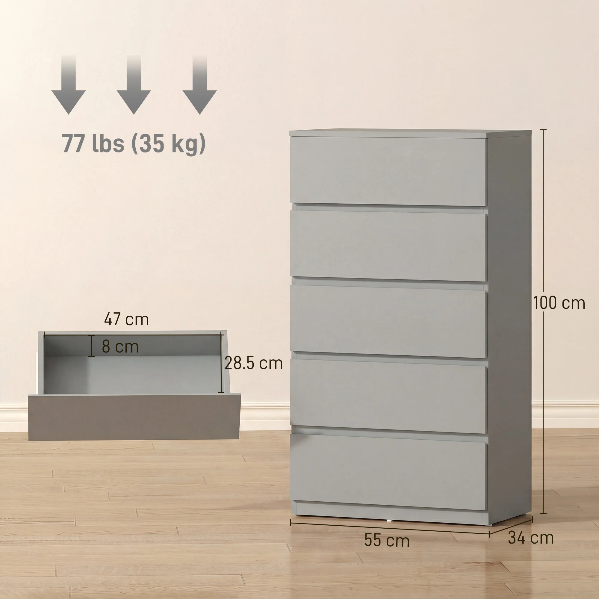 Chest of Drawers, 5 Drawers Storage Cabinet Floor Tower Cupboard for Bedroom Living Room, Grey - Image 5