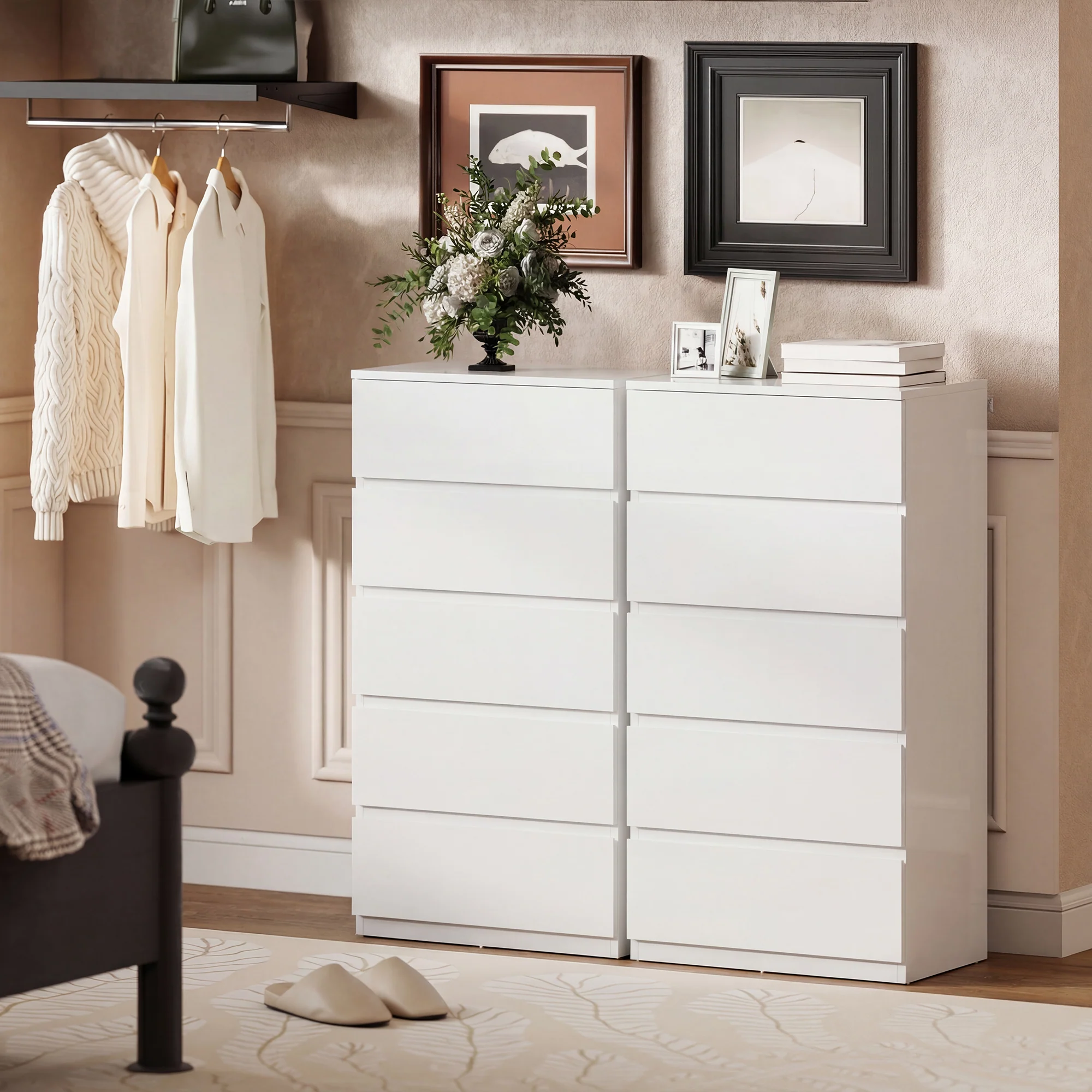 Chest of Drawers, 5 Drawers Storage Cabinet Floor Tower Cupboard for Bedroom Living Room, High Gloss White - Image 11