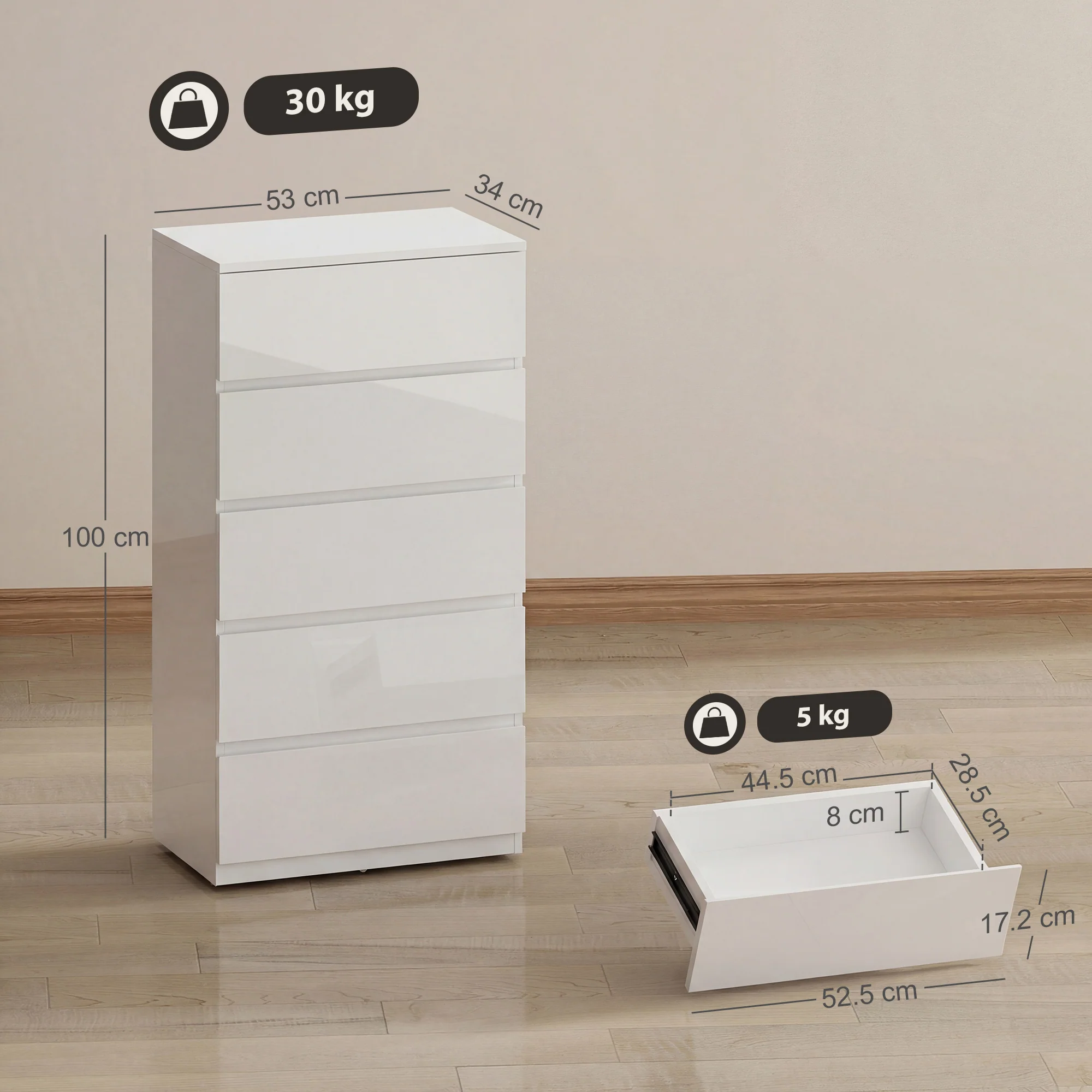 Chest of Drawers, 5 Drawers Storage Cabinet Floor Tower Cupboard for Bedroom Living Room, High Gloss White - Image 5