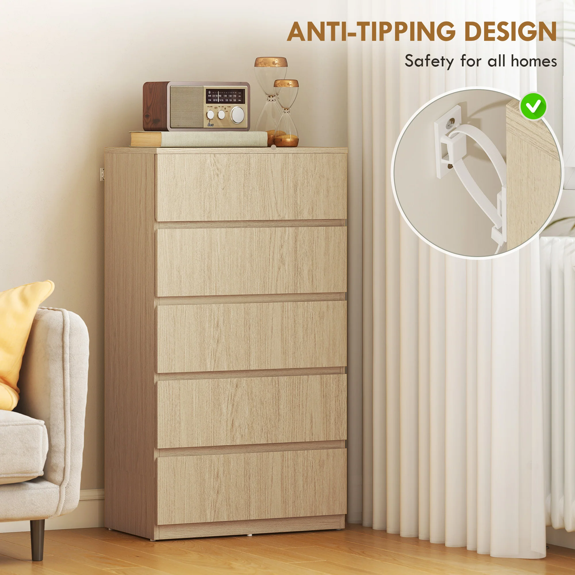 Chest of Drawers, 5 Drawers Storage Cabinet Floor Tower Cupboard for Bedroom Living Room, Natural Wood - Image 7