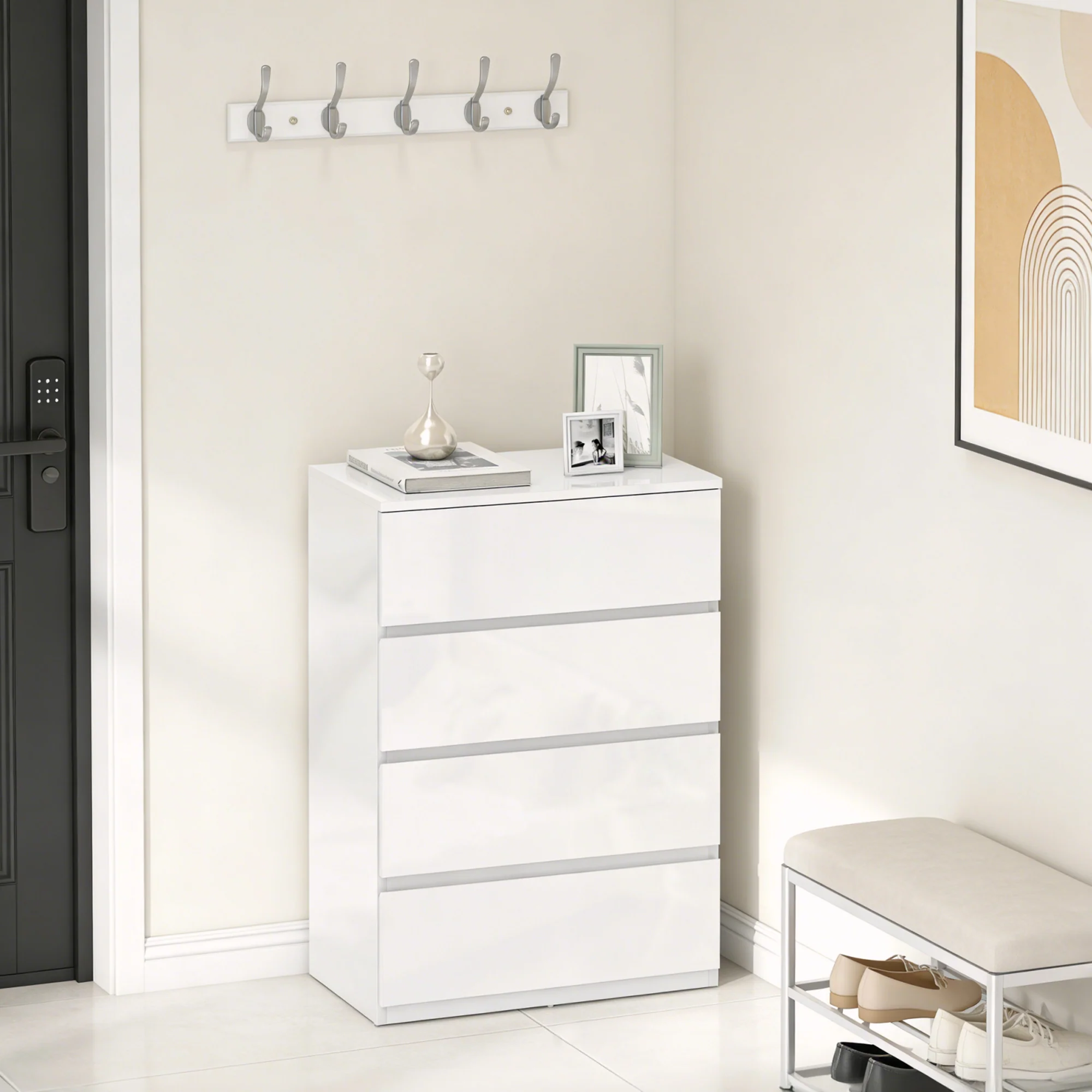 Chest of Drawers, Modern 4 Drawer Dresser with Soft Closing Mechanism for Bedroom, High Gloss White - Image 10