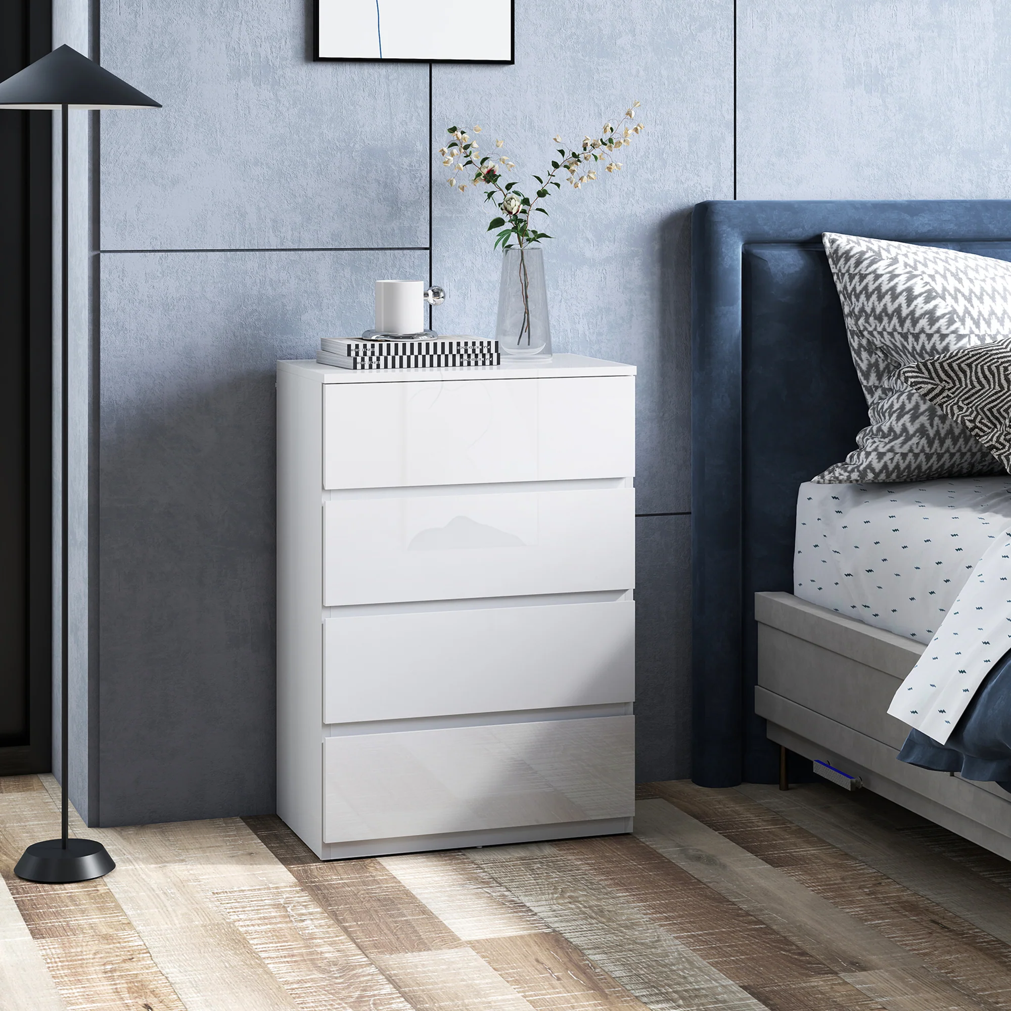 Chest of Drawers, Modern 4 Drawer Dresser with Soft Closing Mechanism for Bedroom, High Gloss White - Image 4