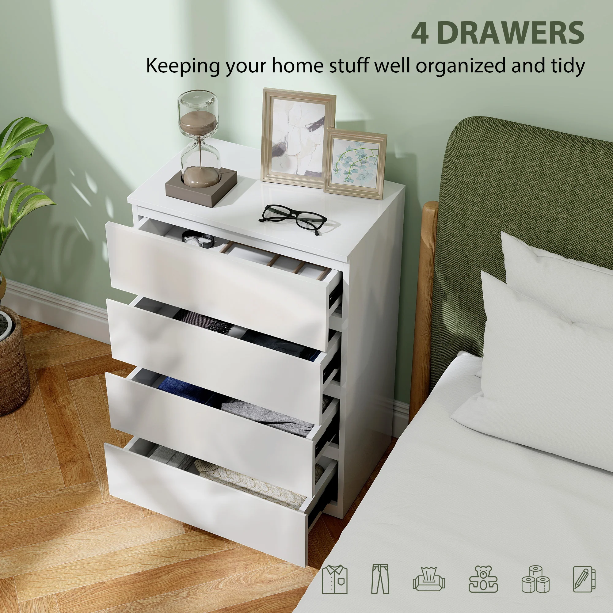 Chest of Drawers, Modern 4 Drawer Dresser with Soft Closing Mechanism for Bedroom, High Gloss White - Image 6