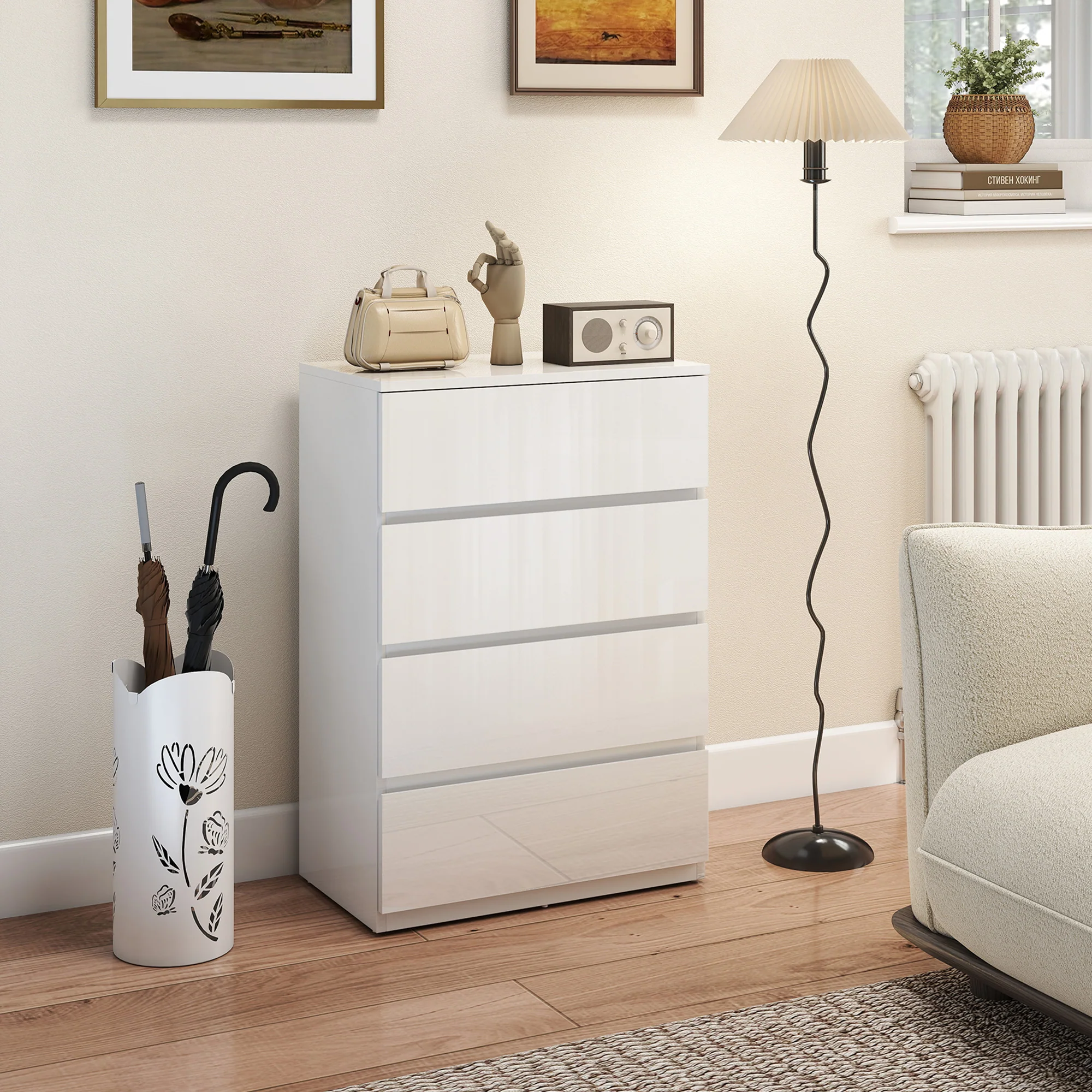 Chest of Drawers, Modern 4 Drawer Dresser with Soft Closing Mechanism for Bedroom, High Gloss White - Image 9