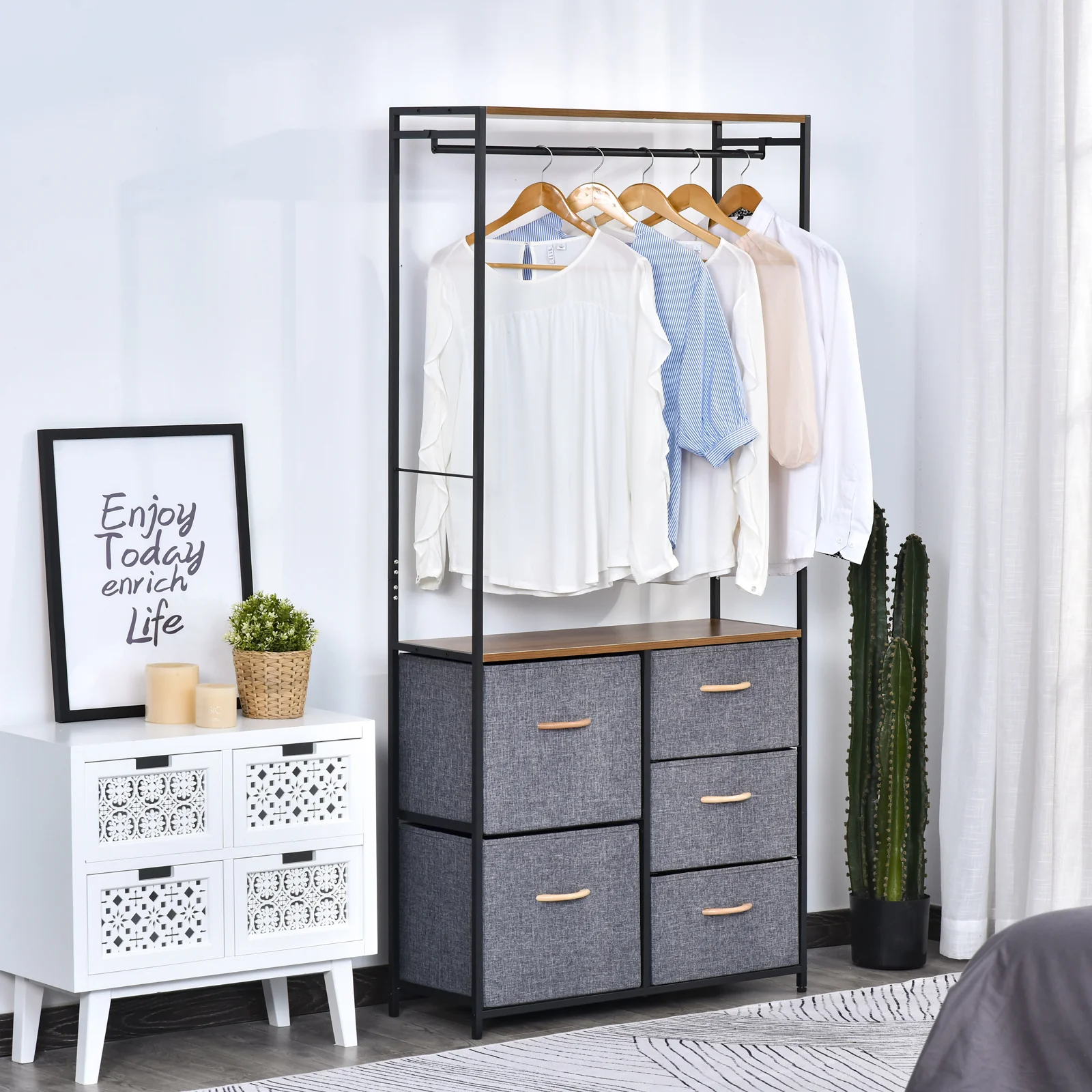 Chest of Drawers with Coat rack Steel Frame 5 Drawers Bedroom Hallway Home Furniture Black Brown - Image 3