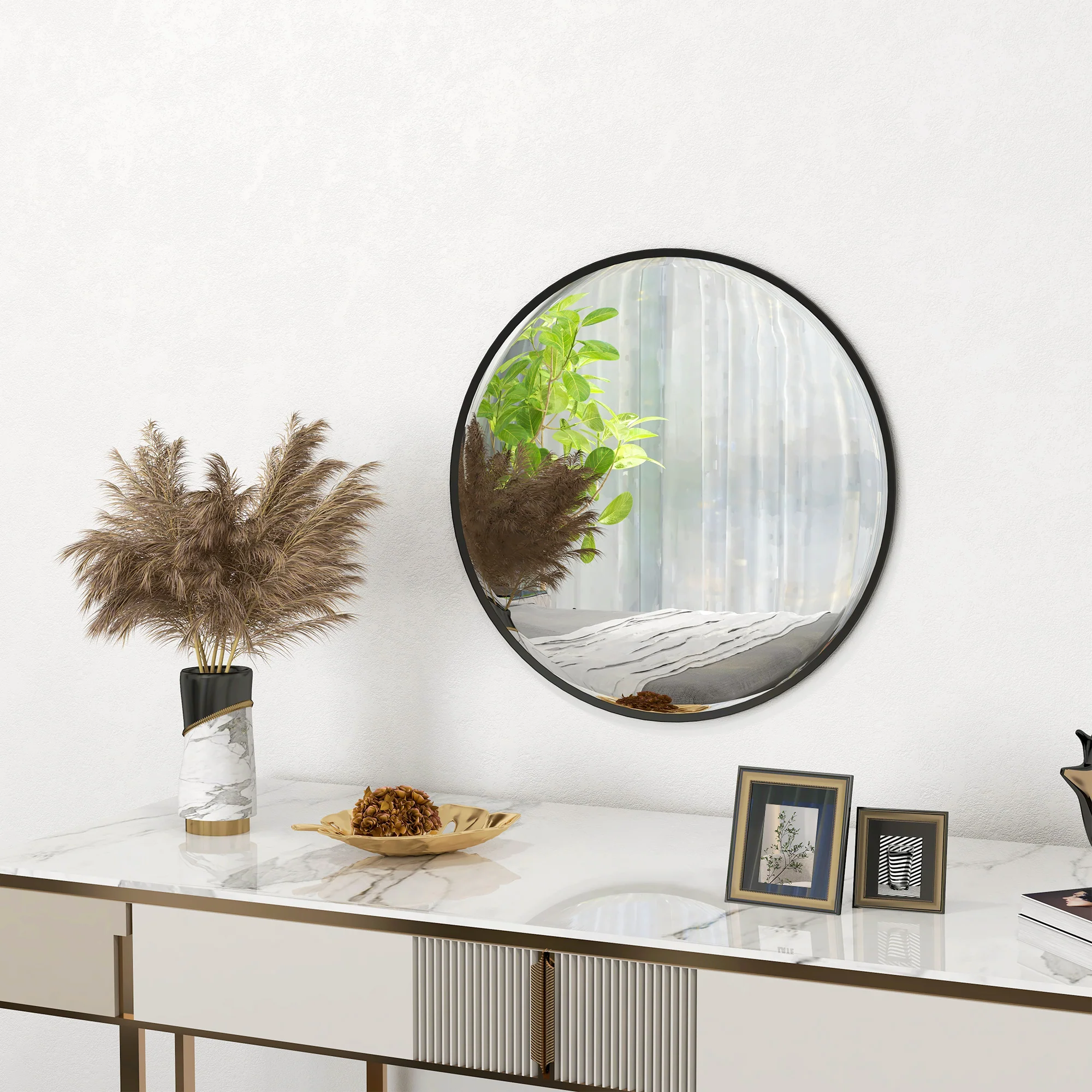 Circle Wall Mirror, 61 cm Round Bathroom Mirror for Living Room, Hallway, Black - Image 3