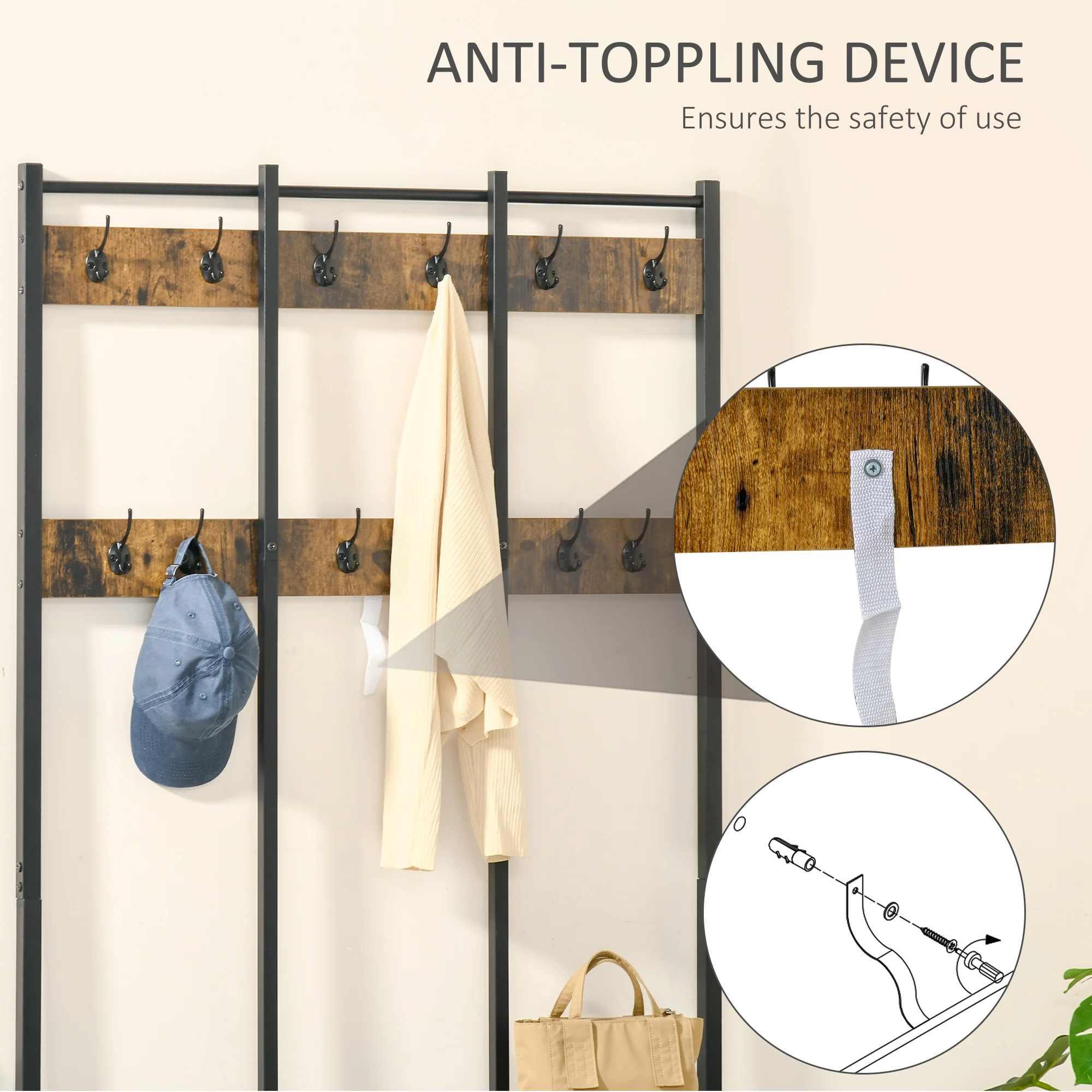 Coat Rack Stand, Free Standing Hall Tree, Coat Stand with Hooks, Bench and Shoe Rack, 100cm x 38.5cm x 185.5cm, Industrial Style, Rustic Brown and Black - Image 7