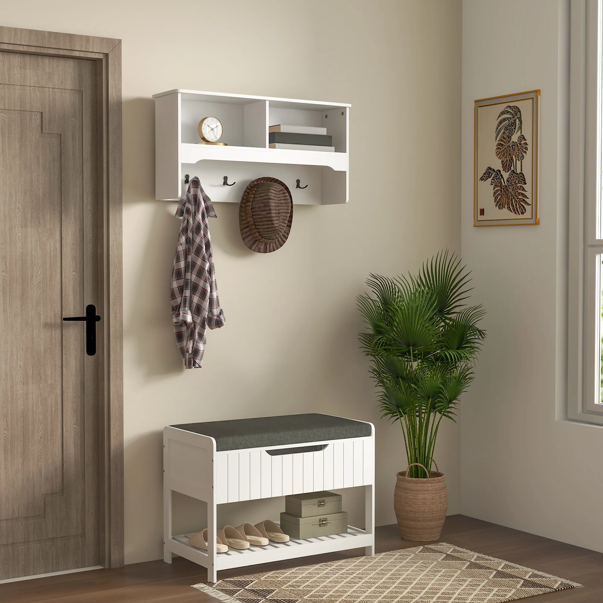 5-in-1 Hall Tree with 4 Double Hooks & Shelves, Coat Rack with Shoe Storage Bench, White - Image 3