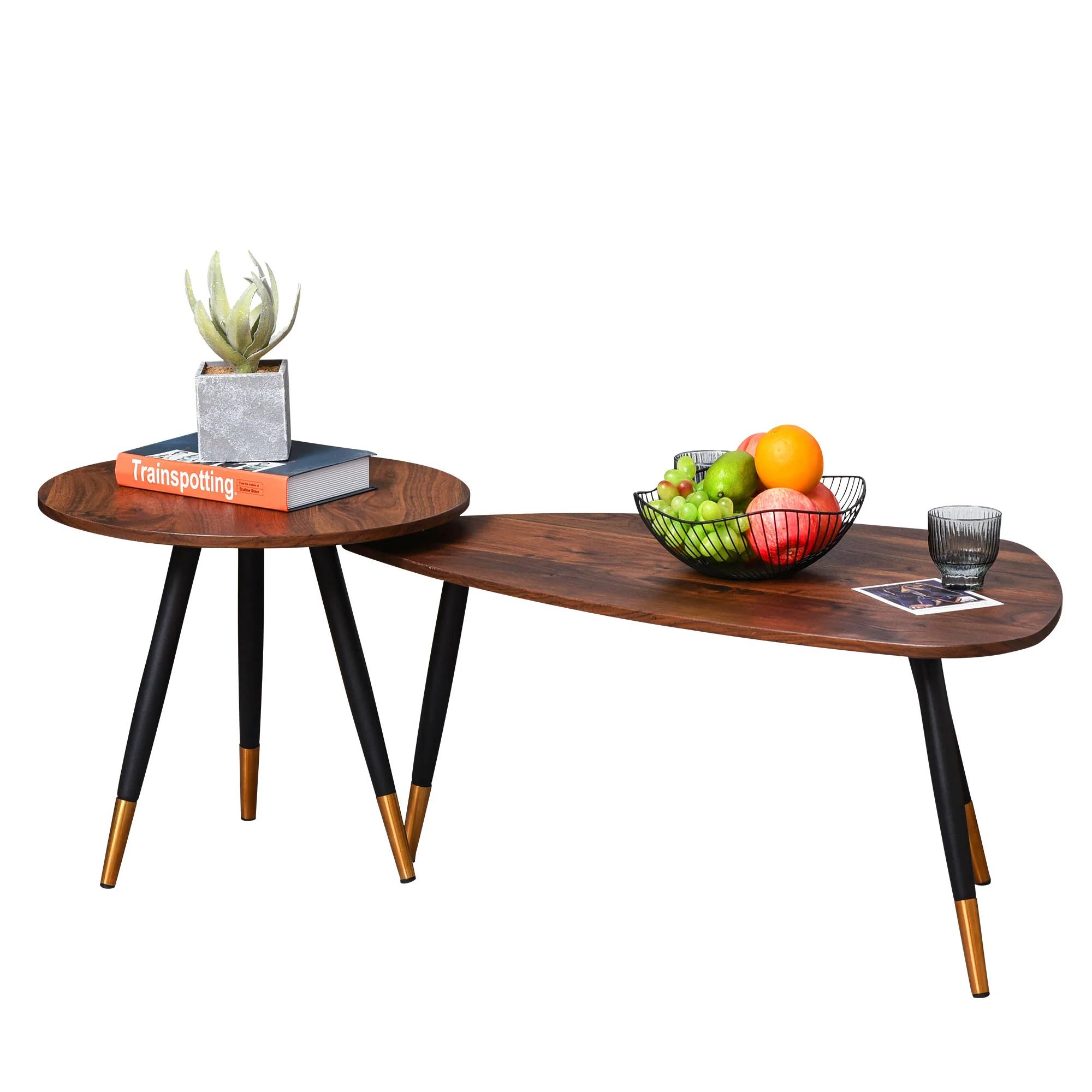 Modern Coffee Table Set of 2, Nesting End Tables with Triangle Stand, Walnut