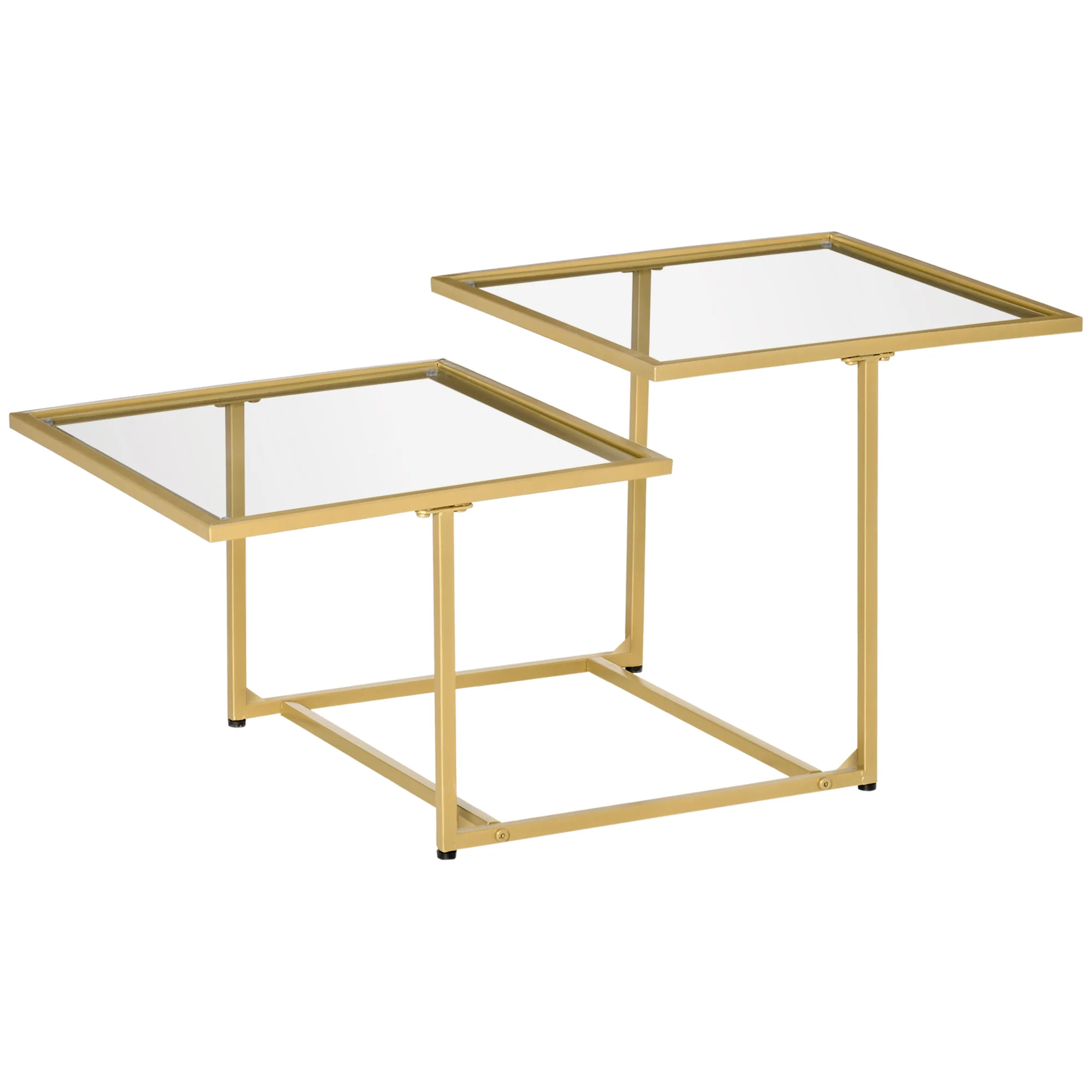 Tempered Glass Coffee Table with 2 Square Tabletops for Living Room, Bedroom, Gold