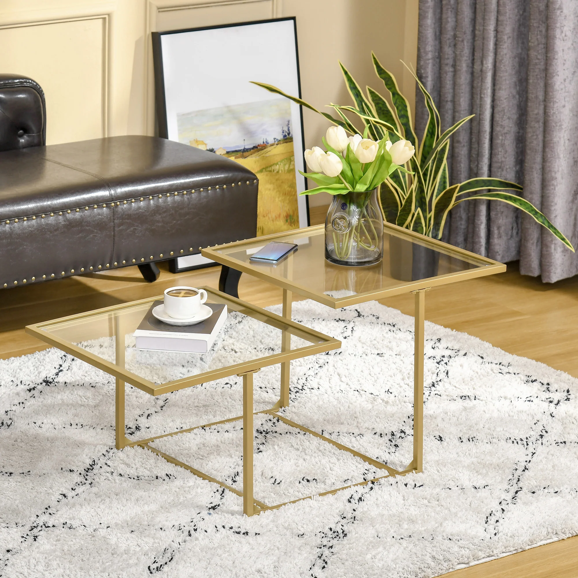 Tempered Glass Coffee Table with 2 Square Tabletops for Living Room, Bedroom, Gold - Image 4