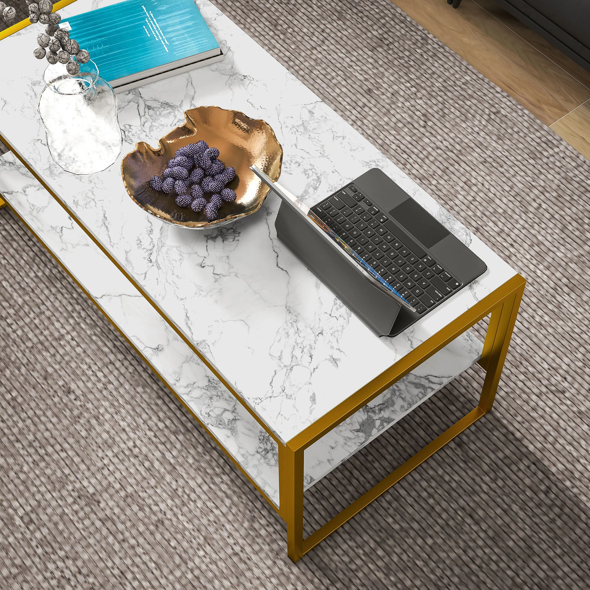 Two-Tier Marble Centre Table with Metal Frame and Storage Shelf for Living Room, White - Image 10