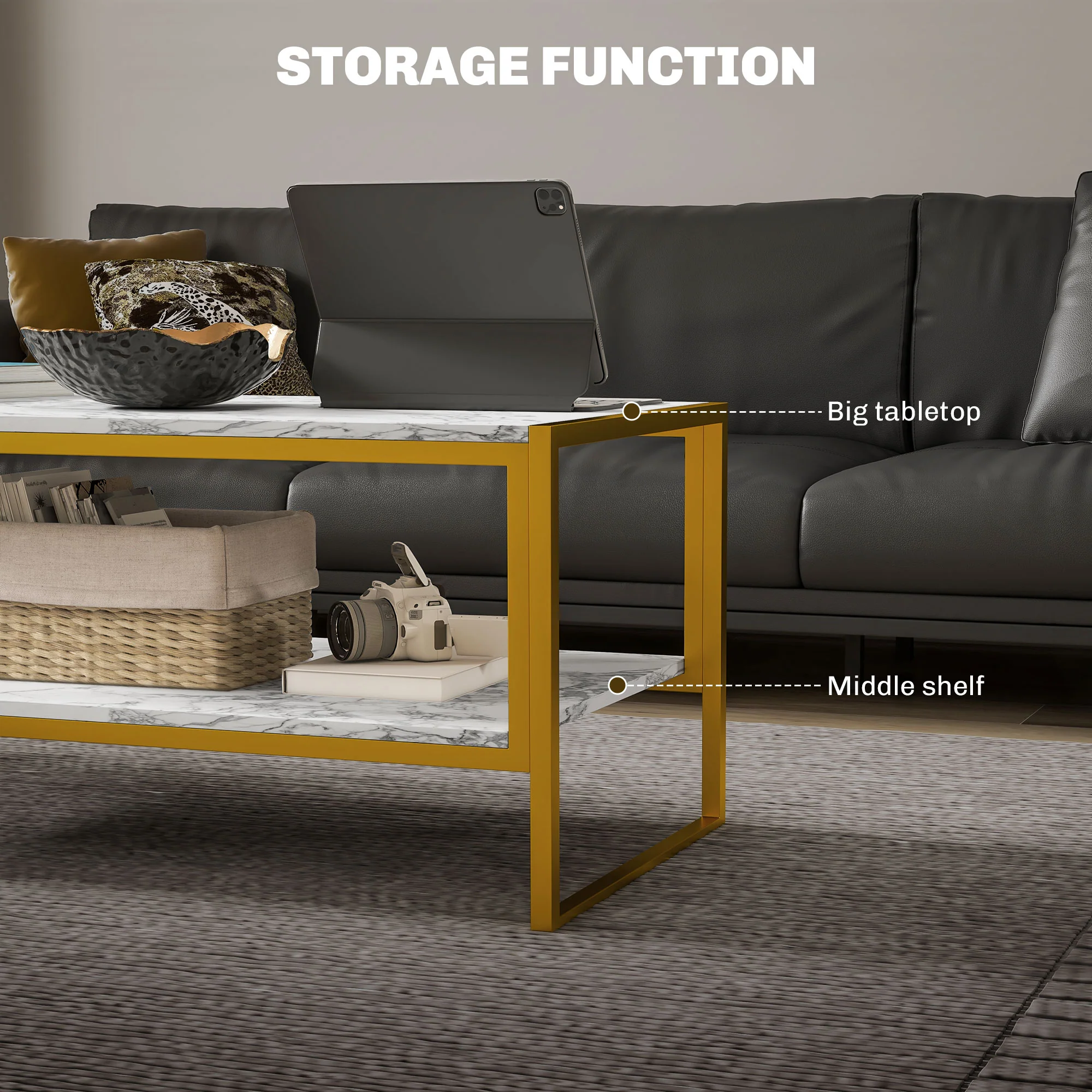 Two-Tier Marble Centre Table with Metal Frame and Storage Shelf for Living Room, White - Image 6