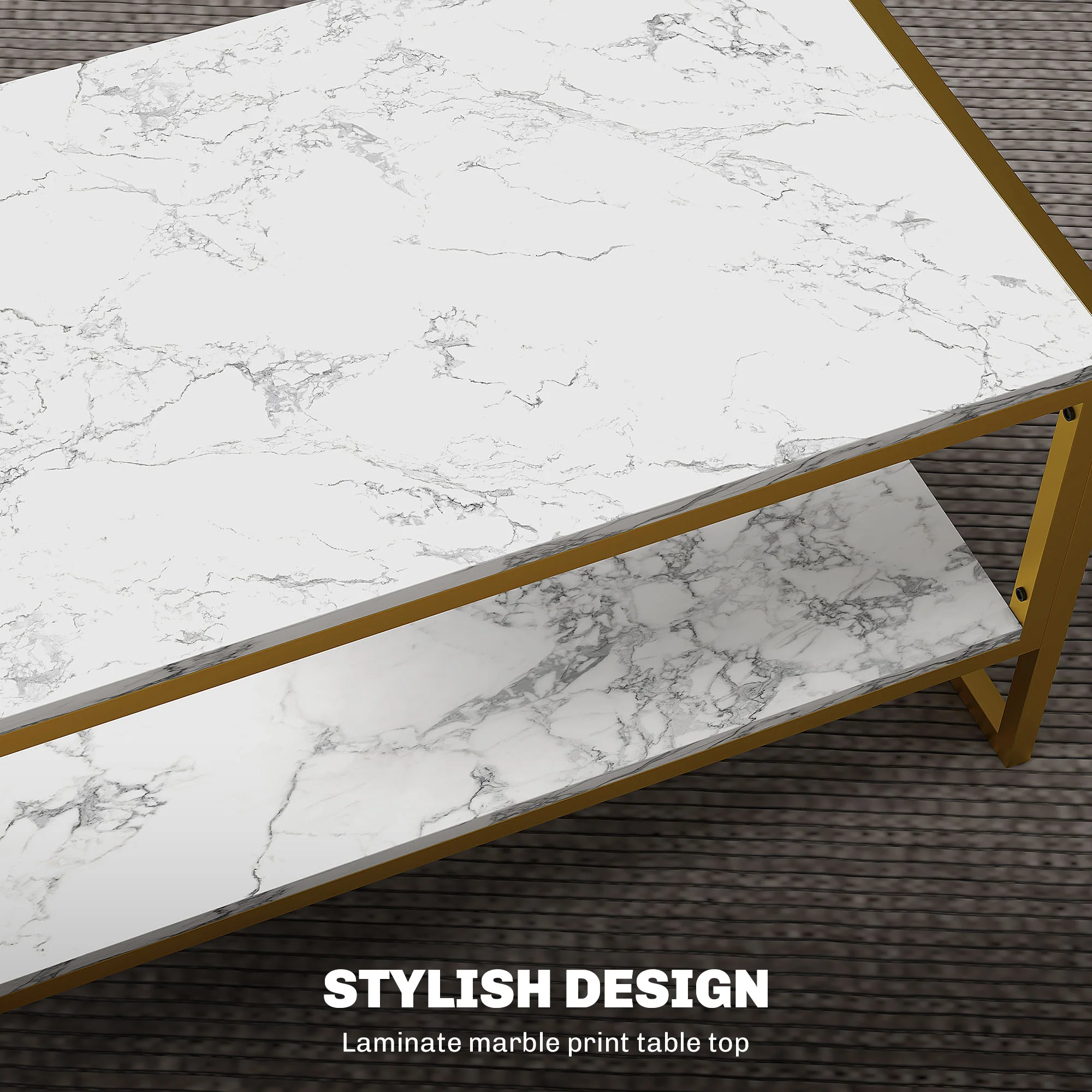 Two-Tier Marble Centre Table with Metal Frame and Storage Shelf for Living Room, White - Image 8