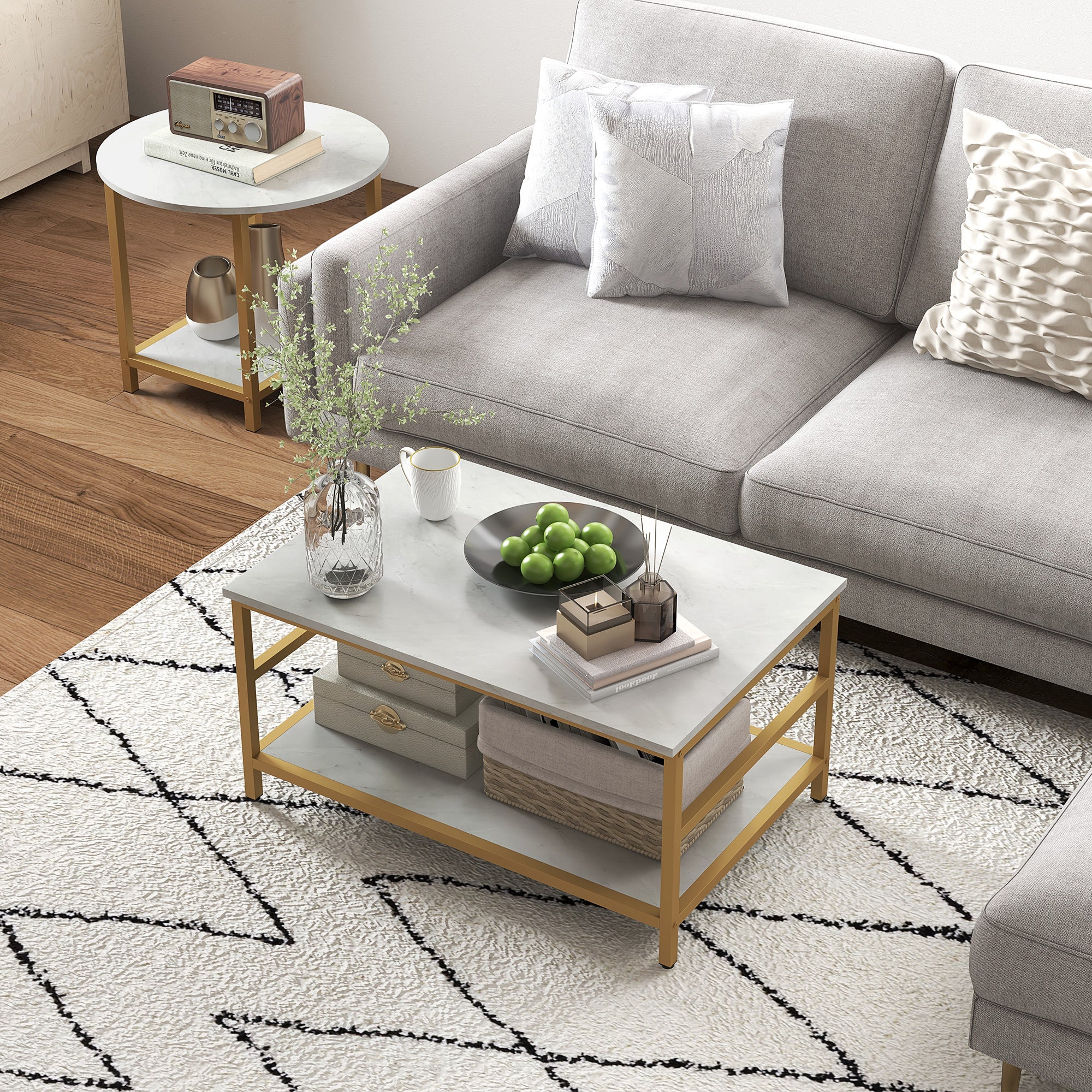 2PC Faux Marble Coffee Table Set, Rectangle & Round Living Room Tables with Storage, Gold - Image 10