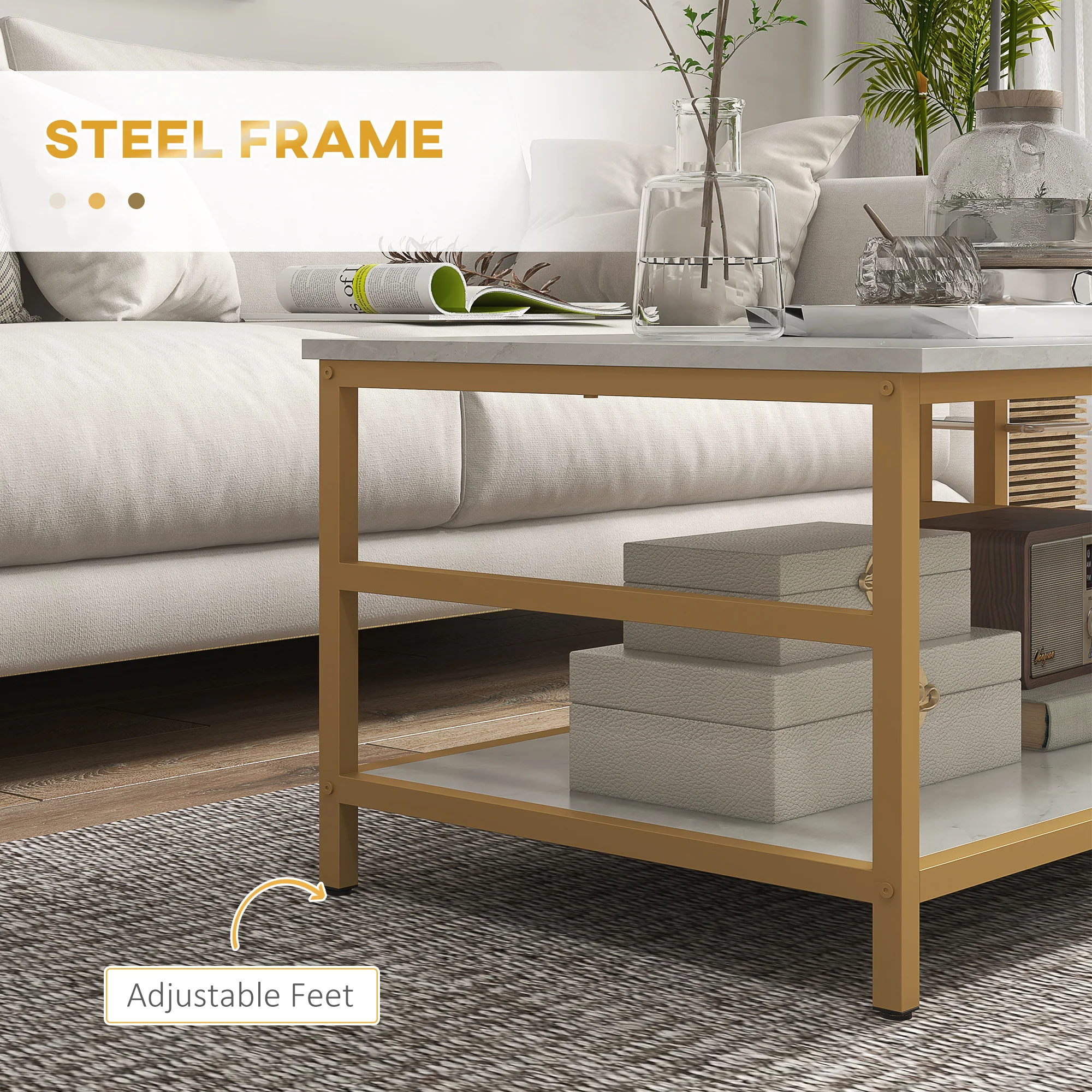 2PC Faux Marble Coffee Table Set, Rectangle & Round Living Room Tables with Storage, Gold - Image 9
