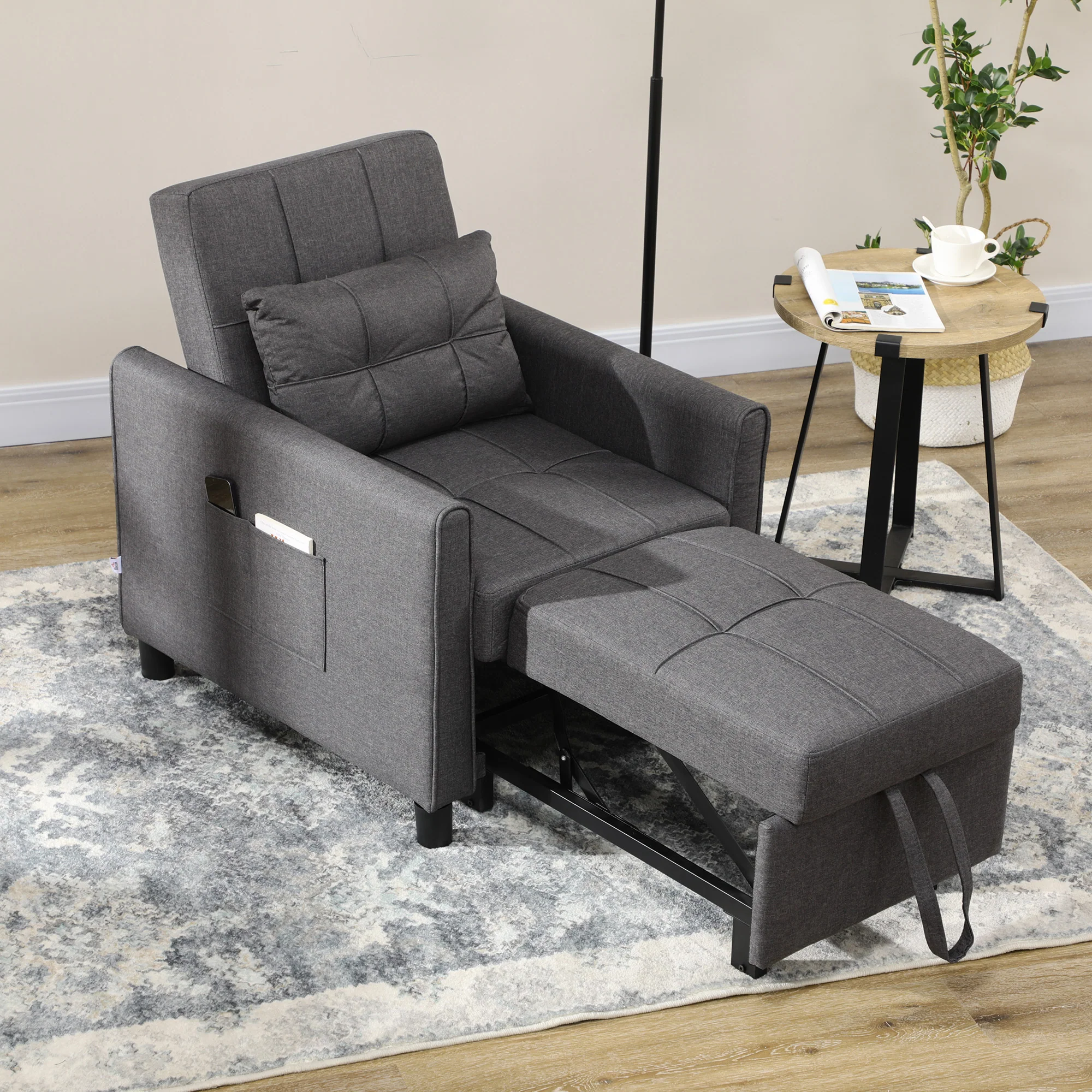 Single Chair Bed, Convertible Sleeper Chair with Adjustable Backrest, Pillow, Grey - Image 3