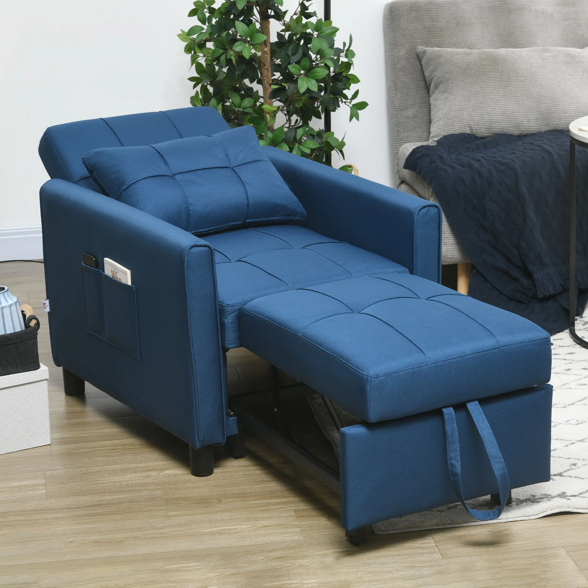 Single Chair Bed, Convertible Sleeper Chair with Adjustable Backrest, Pillow, Blue - Image 3