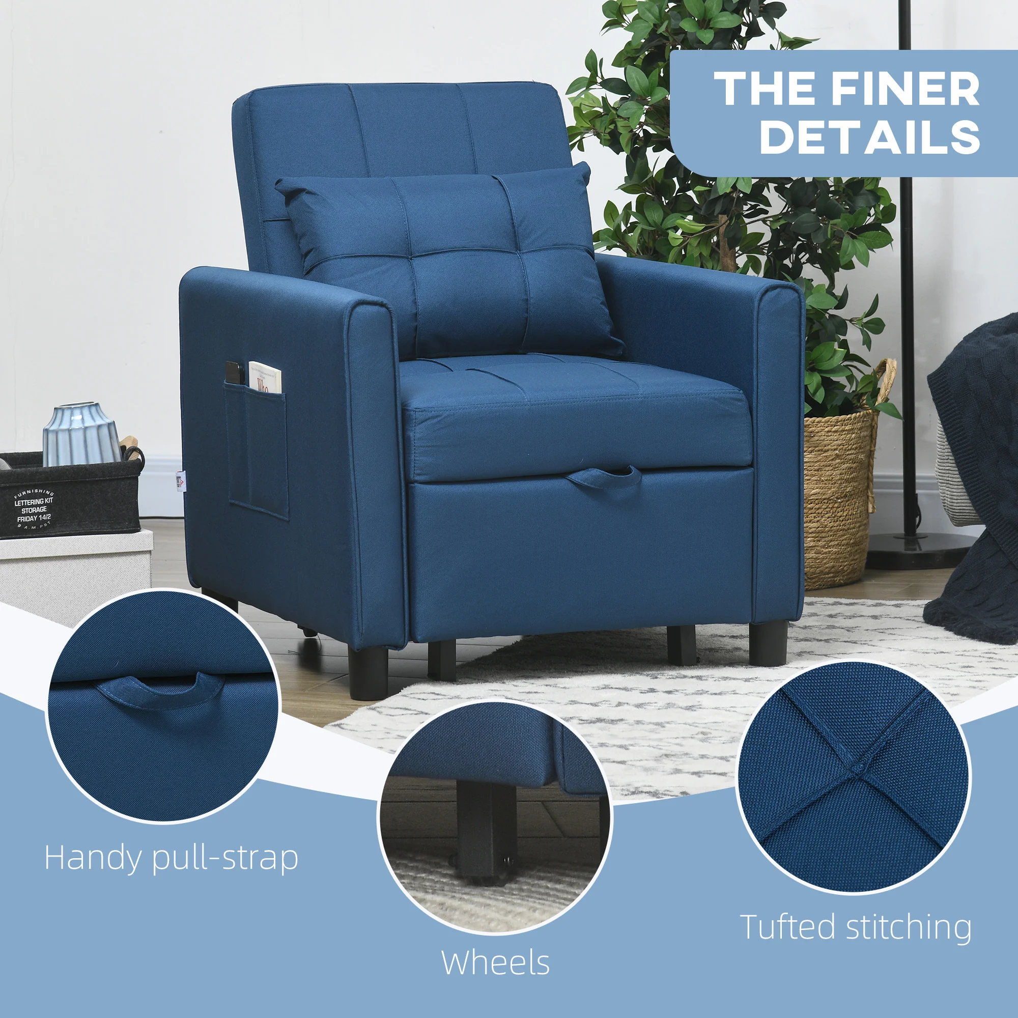 Single Chair Bed, Convertible Sleeper Chair with Adjustable Backrest, Pillow, Blue - Image 9