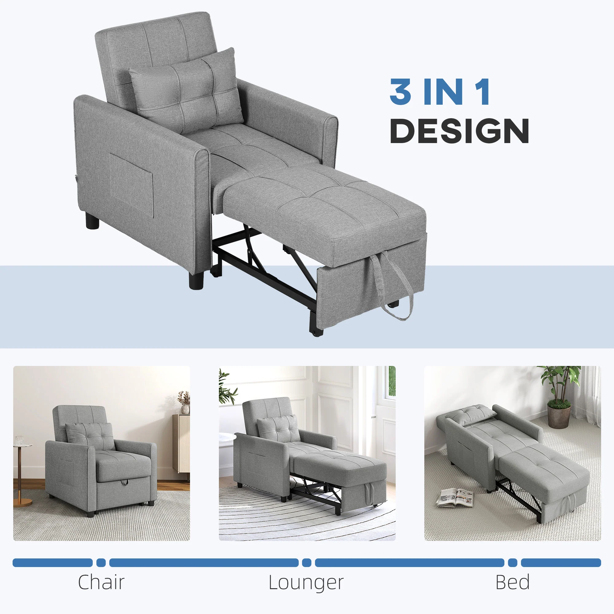 Single Chair Bed, Convertible Sleeper Chair with Adjustable Backrest, Pillow, Light Grey - Image 8