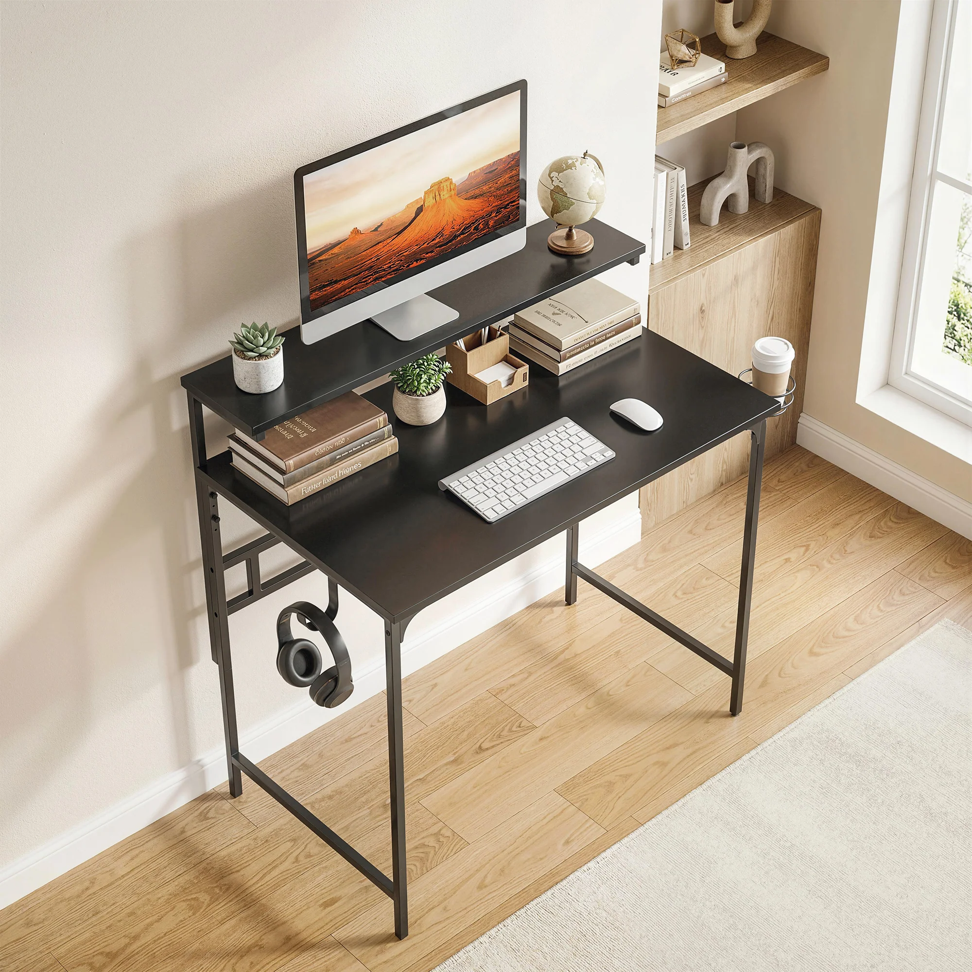 Computer Desk, 80cm Home Office Study Table with Hutch Shelf, Cup Holder, Headphone Hook, Metal Frame, Space Saving Writing Desk, Black - Image 3