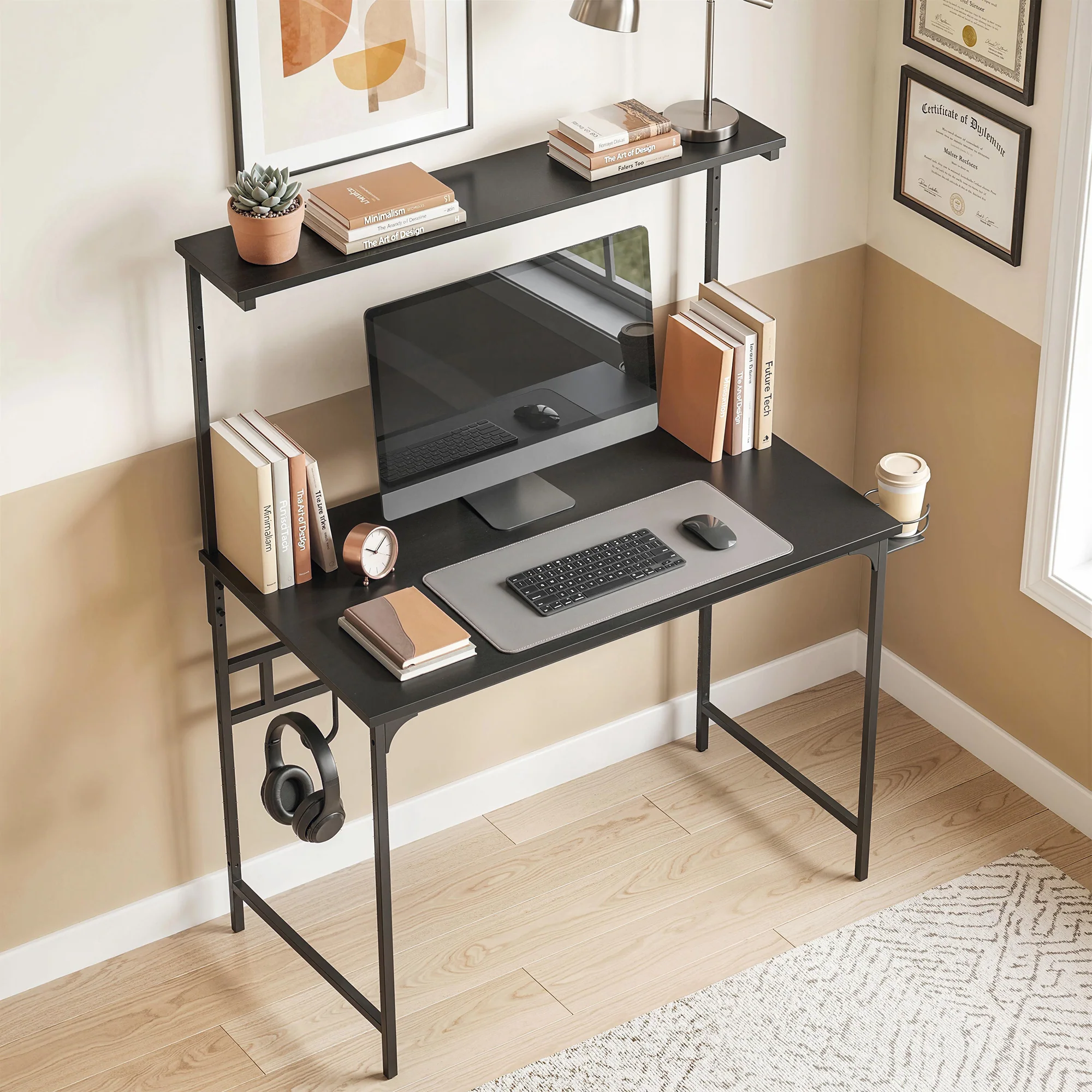 Computer Desk, 80cm Home Office Study Table with Hutch Shelf, Cup Holder, Headphone Hook, Metal Frame, Space Saving Writing Desk, Black - Image 4