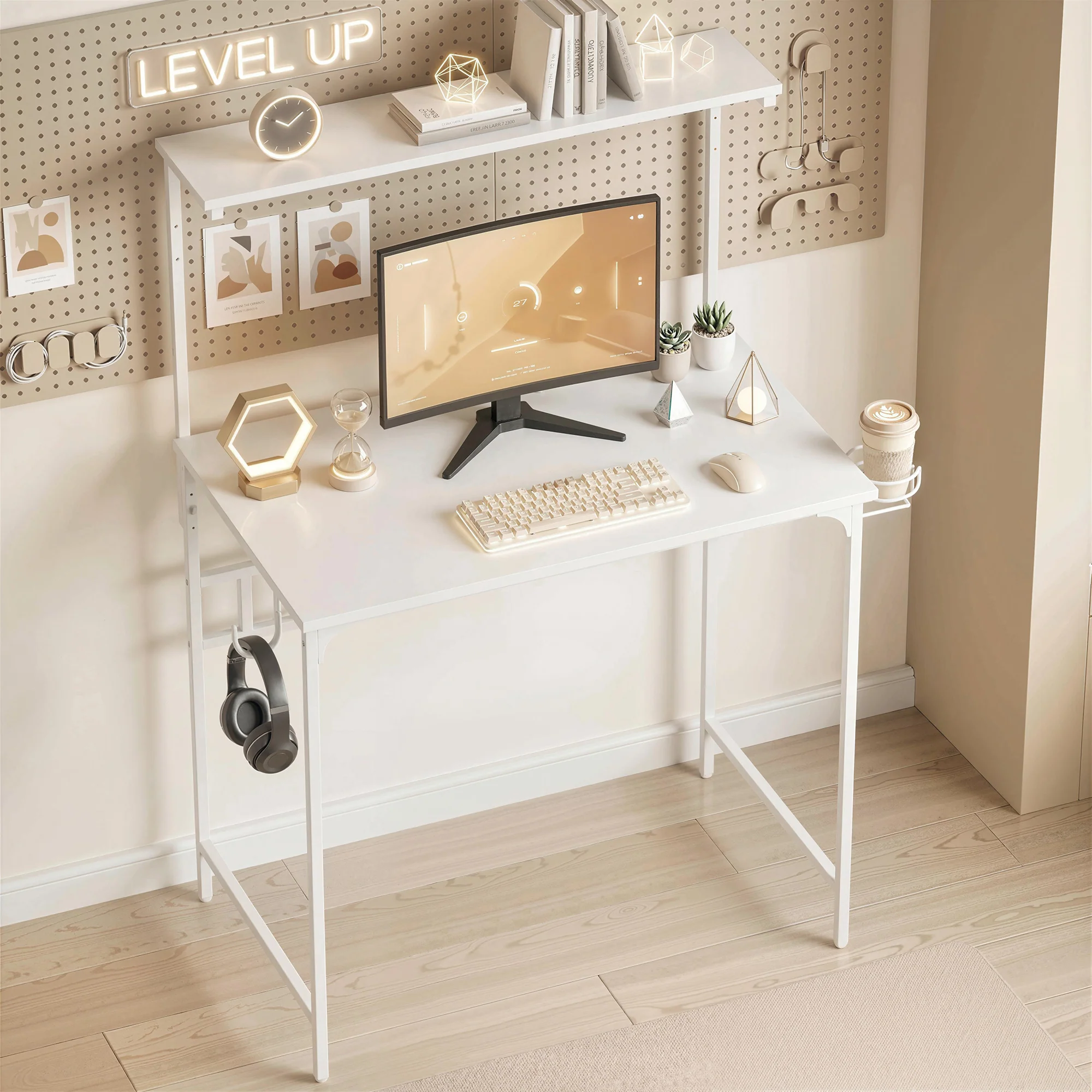 Computer Desk, 80cm Home Office Study Table with Hutch Shelf, Cup Holder, Headphone Hook, Metal Frame, Space Saving Writing Desk, White - Image 10