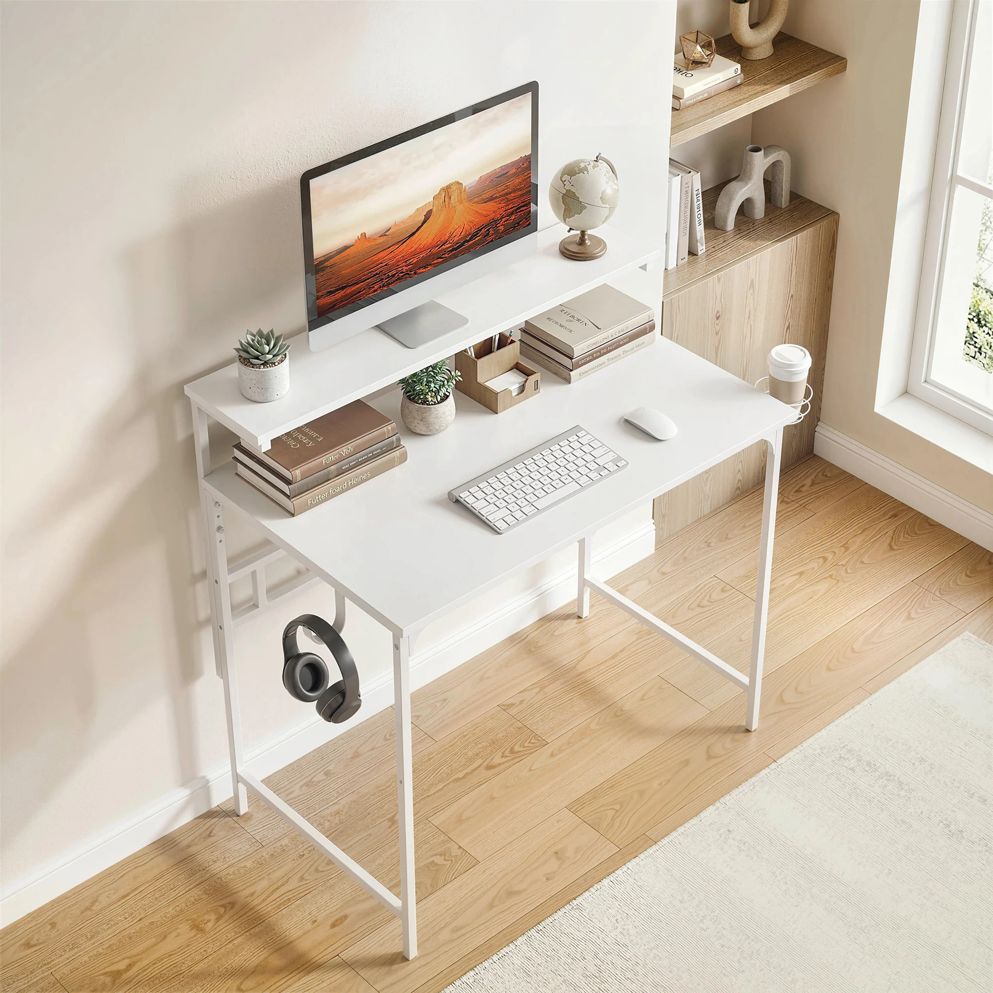 Computer Desk, 80cm Home Office Study Table with Hutch Shelf, Cup Holder, Headphone Hook, Metal Frame, Space Saving Writing Desk, White - Image 3