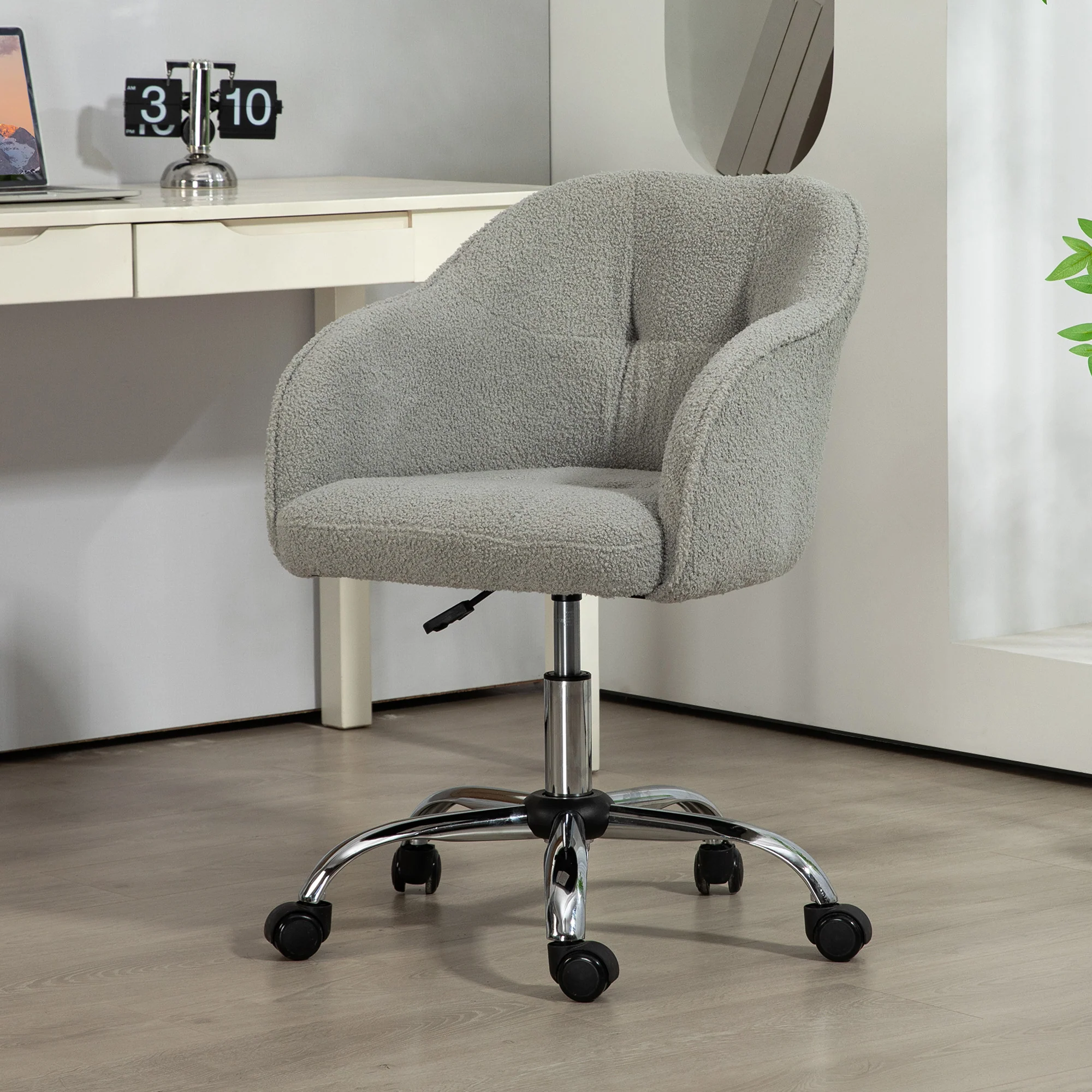 Fluffy Fabric Swivel Desk Chair, Makeup Vanity Chair with Height Adjustable & Wheels, Grey - Image 3