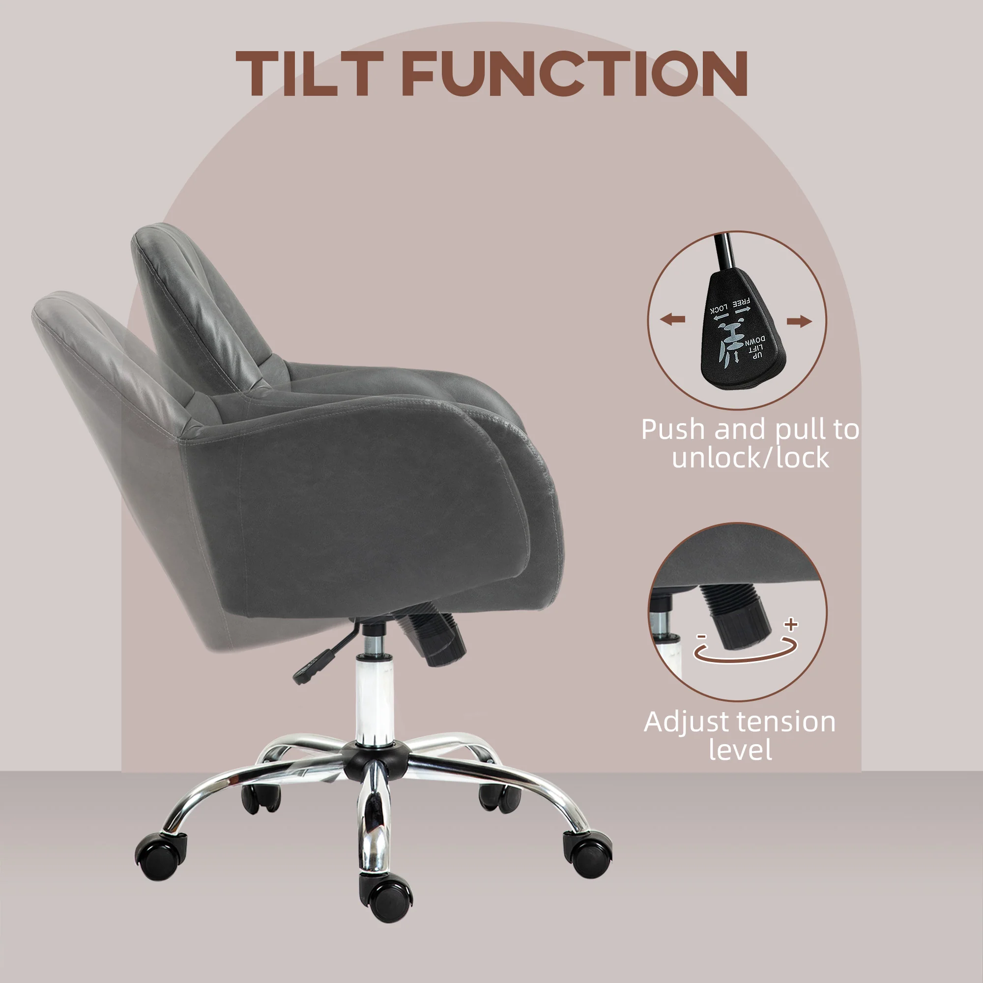 PU Leather Swivel Office Chair, Makeup Vanity Chair with Height Adjustable & Wheels, Grey - Image 7