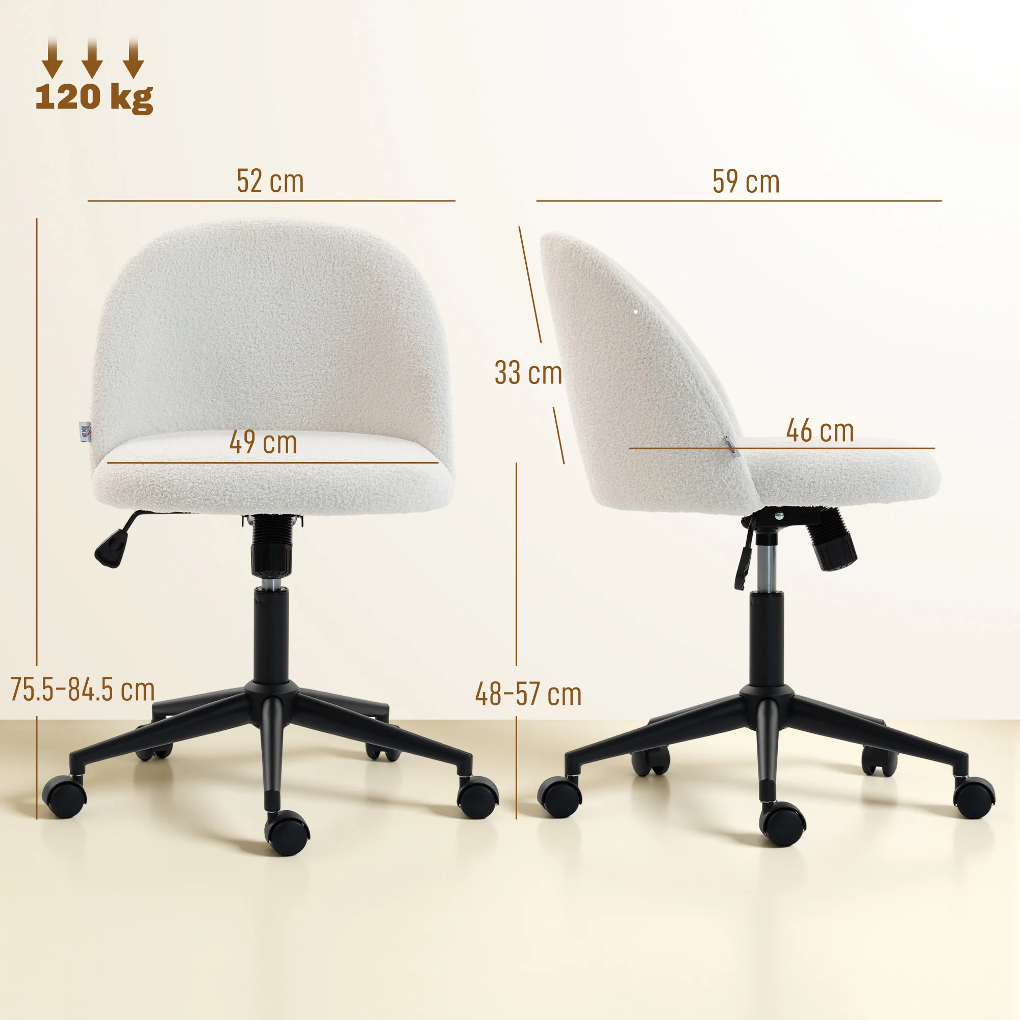 Computer Desk Chair, Teddy Fleece Swivel Office Chair with Height Adjustable, Wheels, High-Resilience Foam, Tilting Function, for Home Study Bedroom Makeup Vanity, Cream White - Image 5