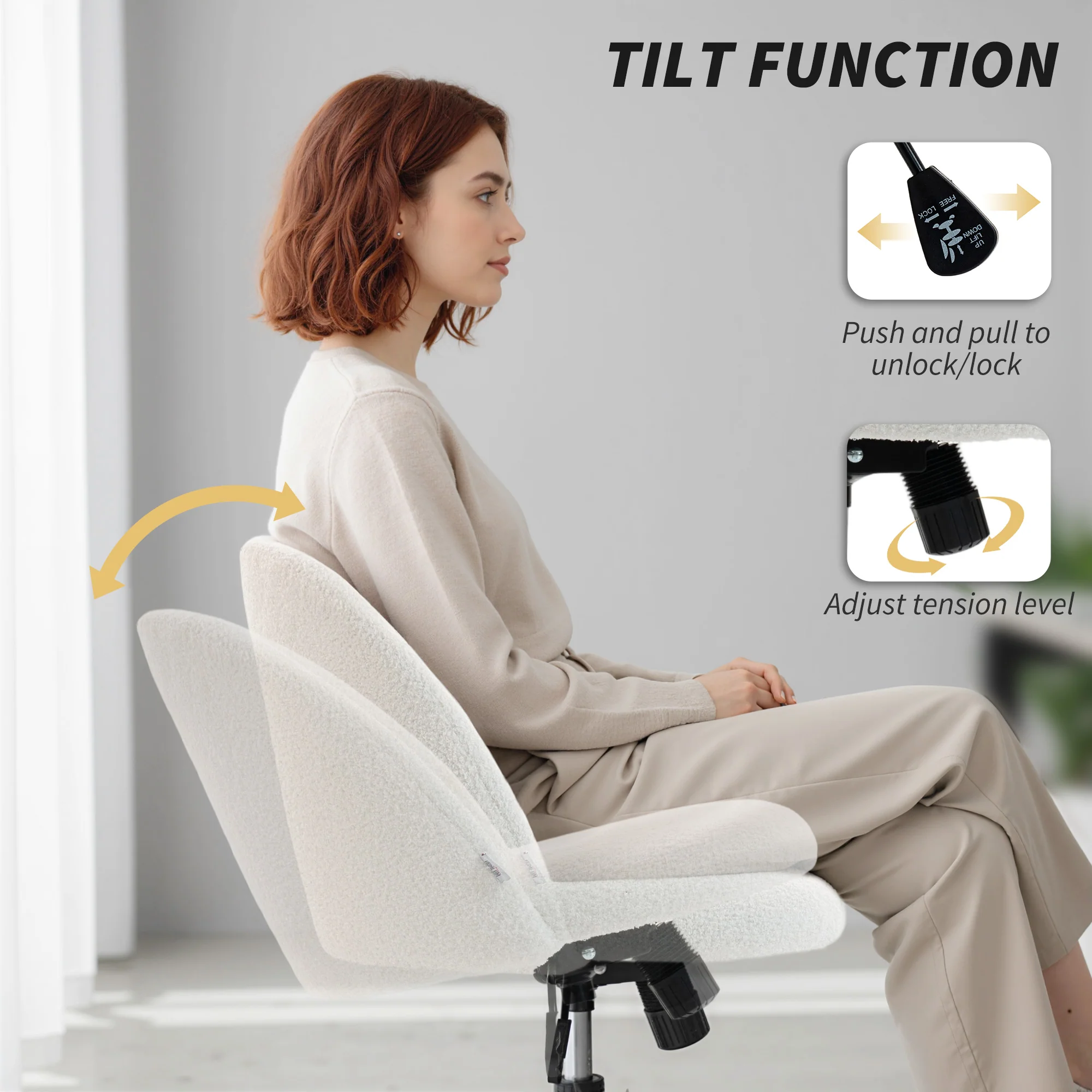 Computer Desk Chair, Teddy Fleece Swivel Office Chair with Height Adjustable, Wheels, High-Resilience Foam, Tilting Function, for Home Study Bedroom Makeup Vanity, Cream White - Image 7